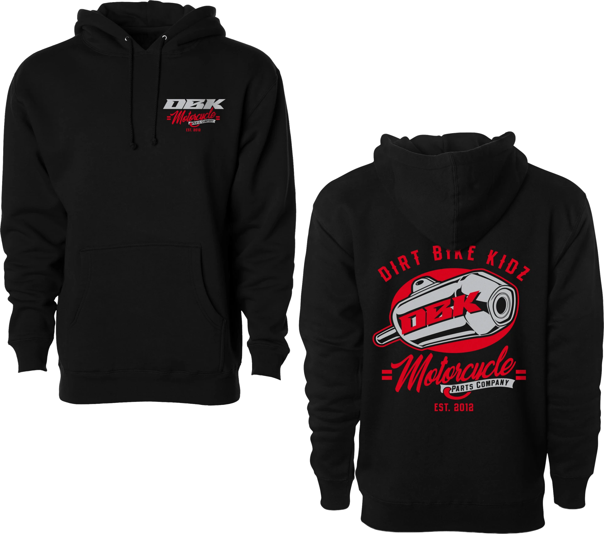 Black DBK Factory hoodie, front and back views side by side