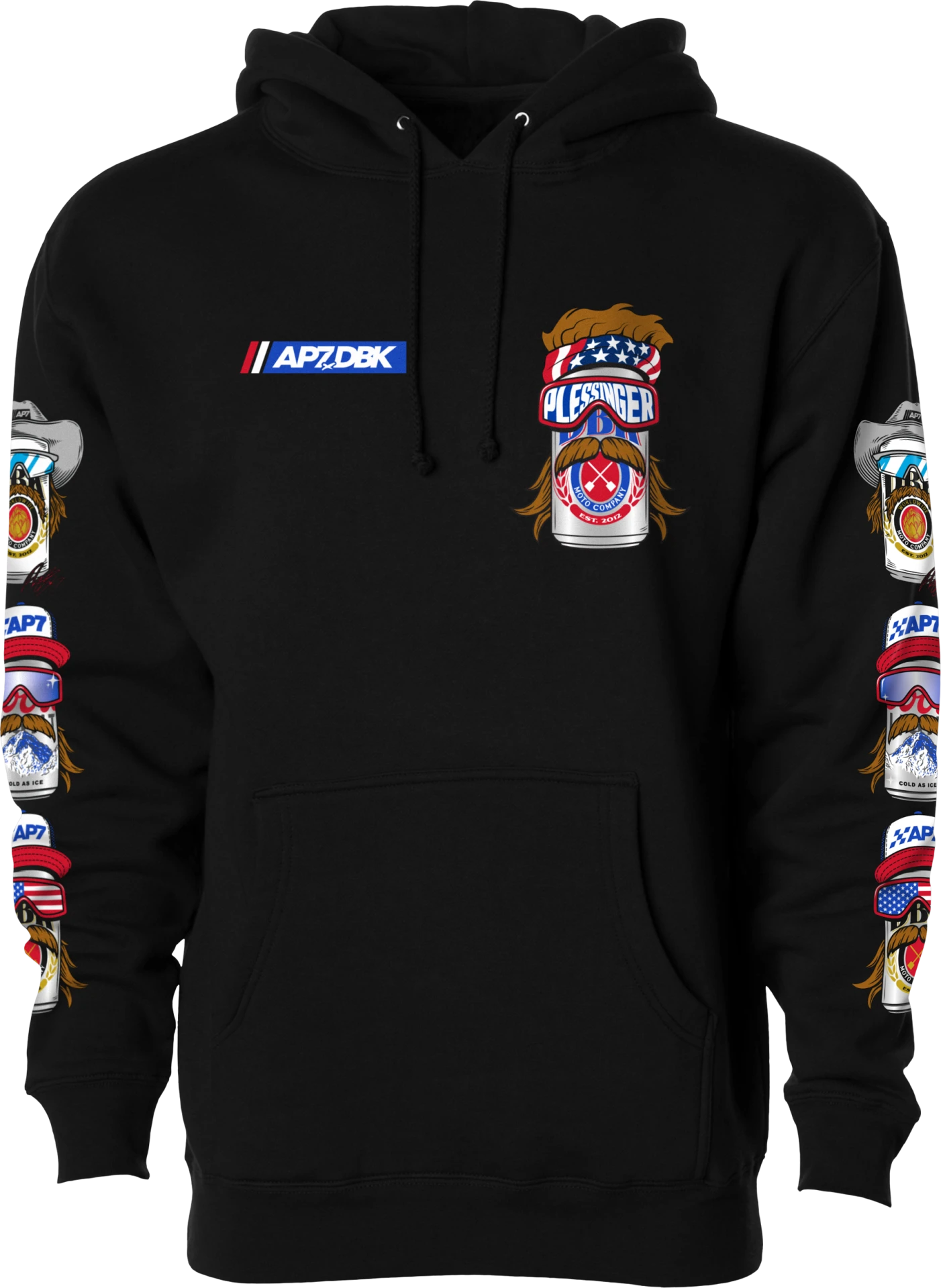 DBK Mullet Madness Hoodie in black, front view with chest patches and graphics down both sleeves
