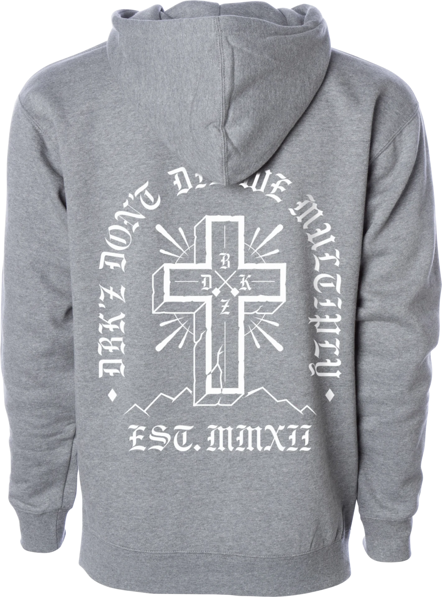 DBK Multiply Zip Hoodie in gunmetal heather, back view with large white circular cross graphic