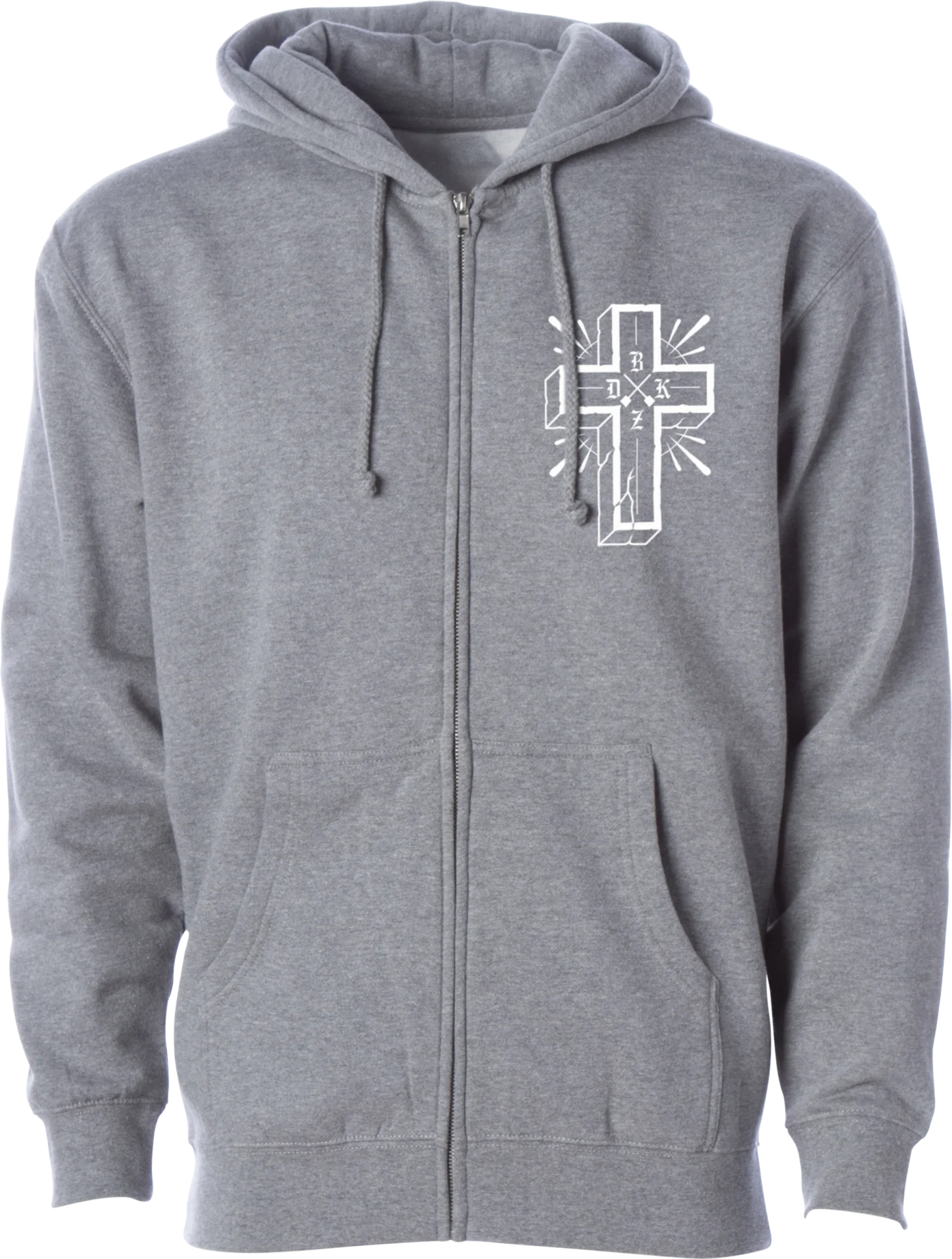 DBK Multiply Zip Hoodie in gunmetal heather, front view with full zip and white cross graphic on the chest