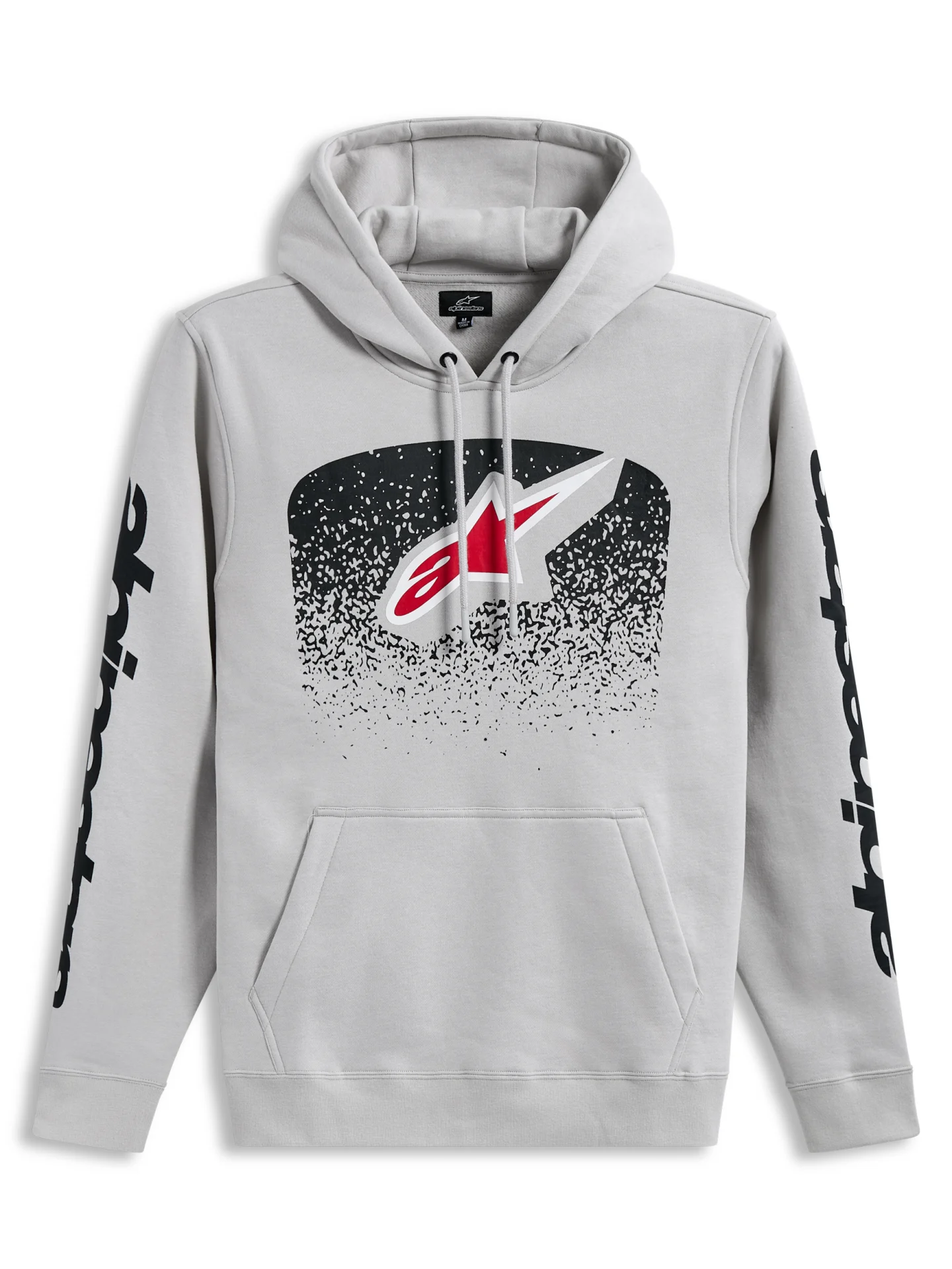 Alpinestars Obsessed Hoodie in cement gray, front view with Astars logo and black gradient graphic