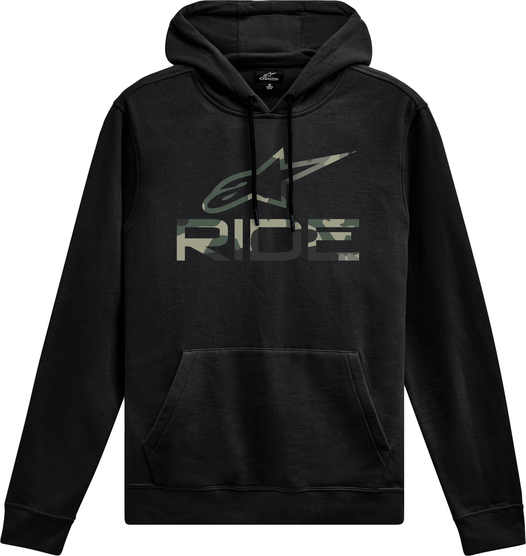 Alpinestars Ride Camo V3 Hoodie in black, front view with camo-filled Alpinestars logo and RIDE lettering