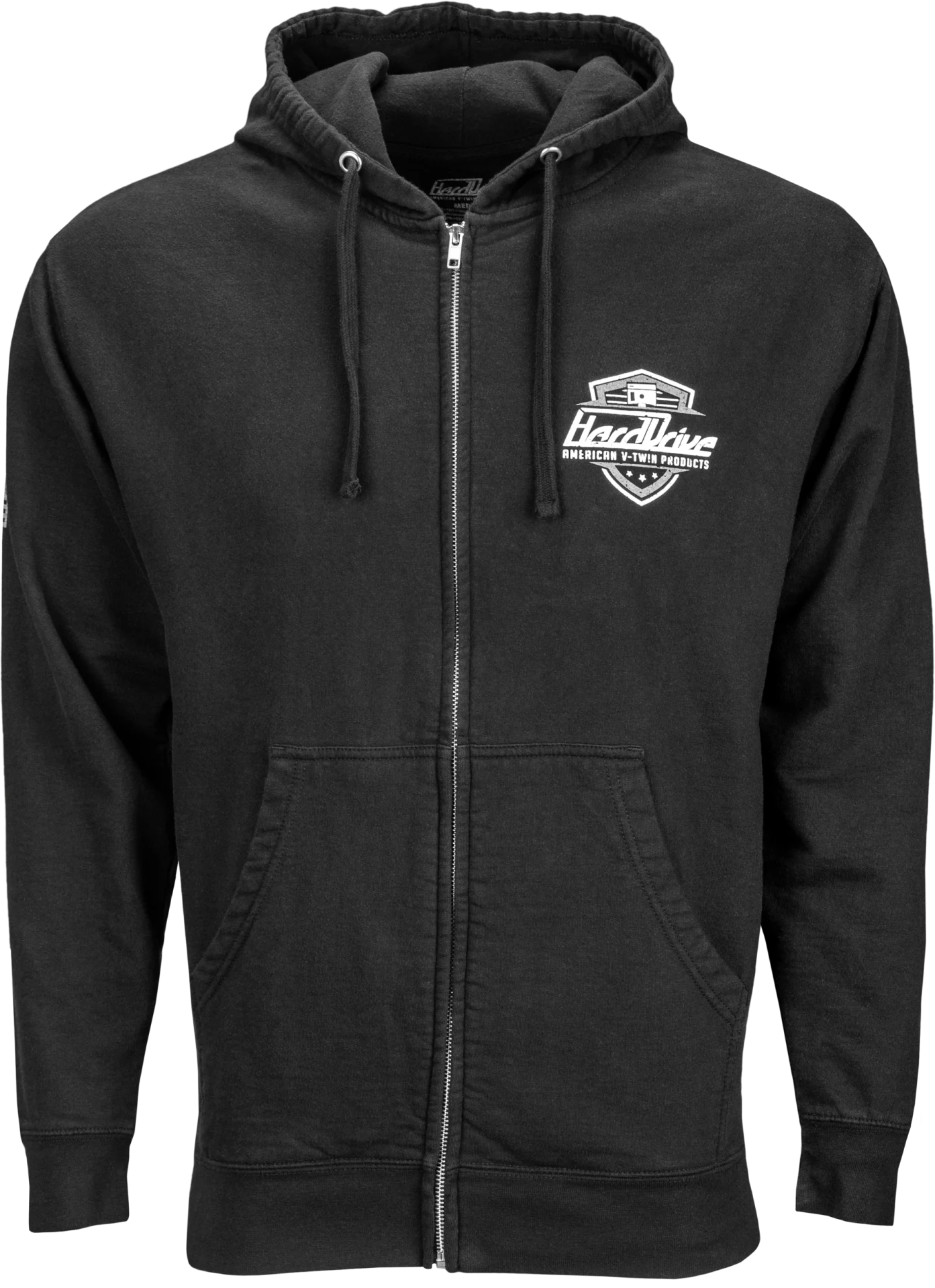 HardDrive Shield Hoodie in black, front view, full zip with a white shield logo on the left chest