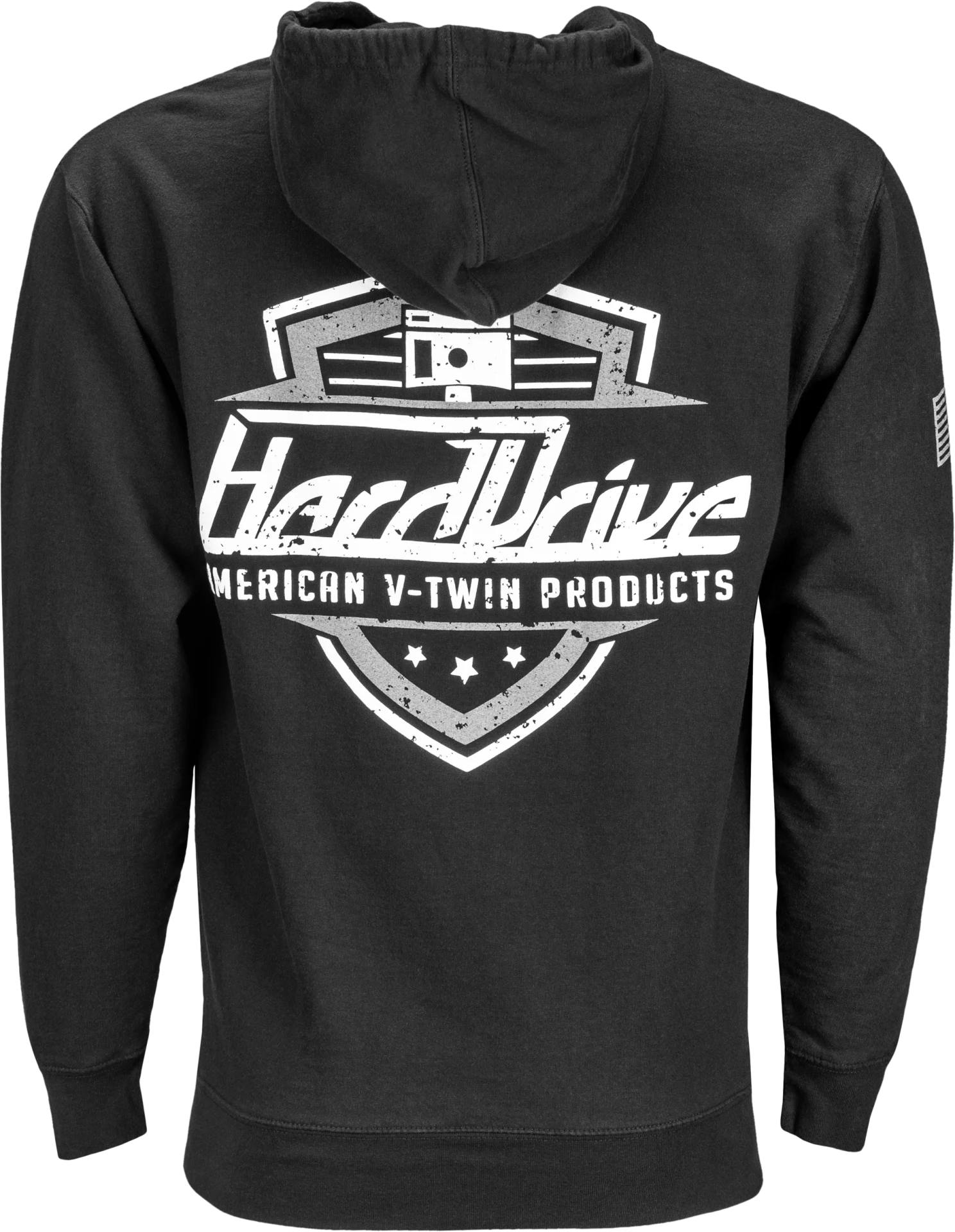 HardDrive Shield Hoodie in black, back view with a large white HardDrive shield graphic