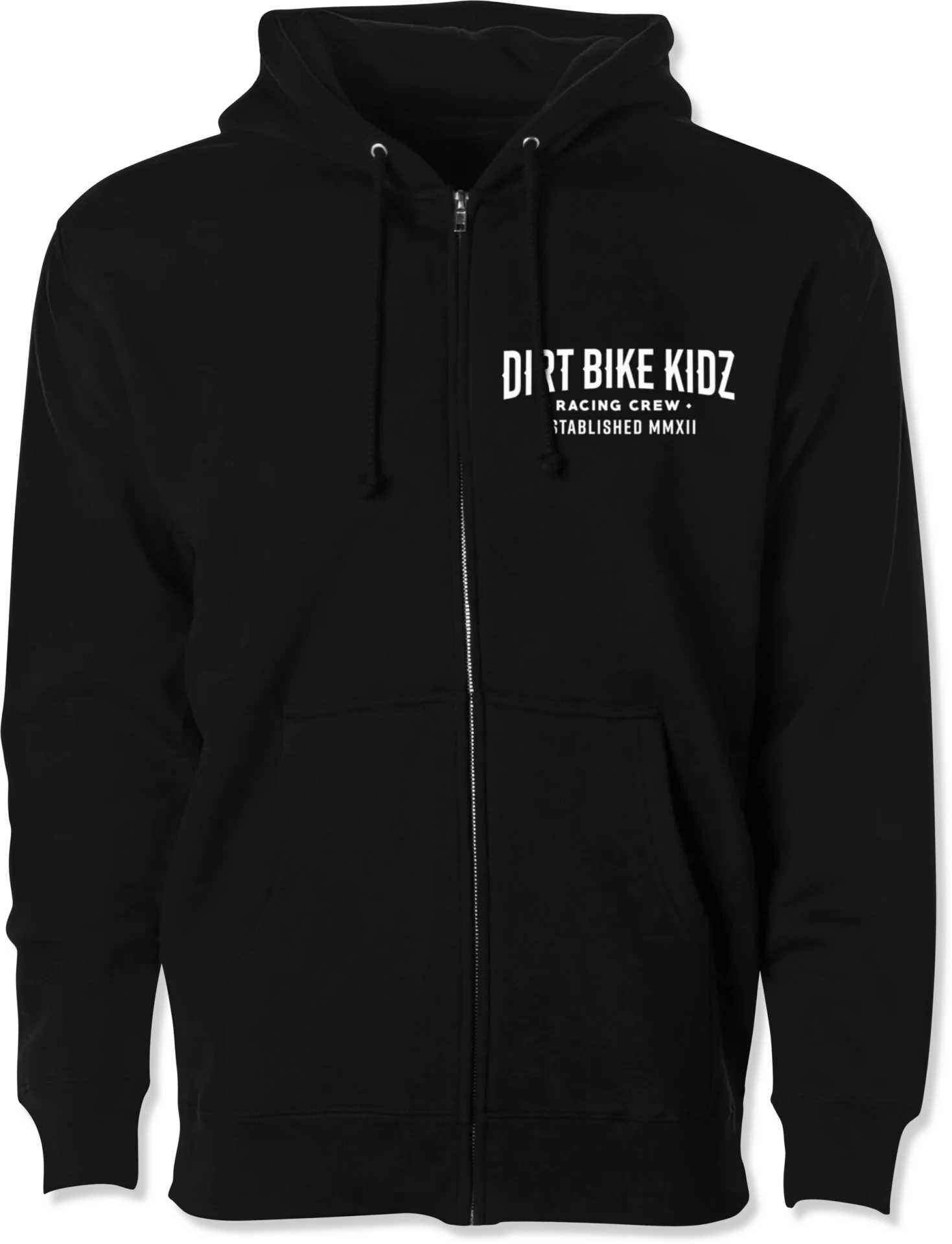 DBK Speed & Style Zip Hoodie in black, front view, zipped with a white Dirt Bike Kidz logo on the left chest