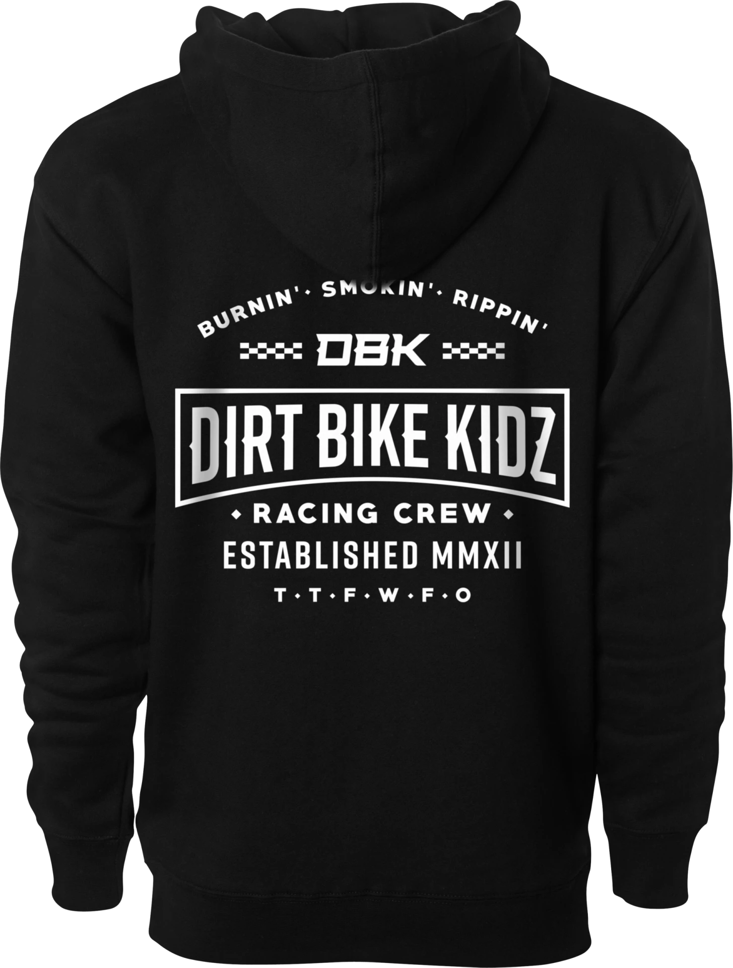 DBK Speed & Style Zip Hoodie in black, back view with a large white Dirt Bike Kidz Racing Crew graphic
