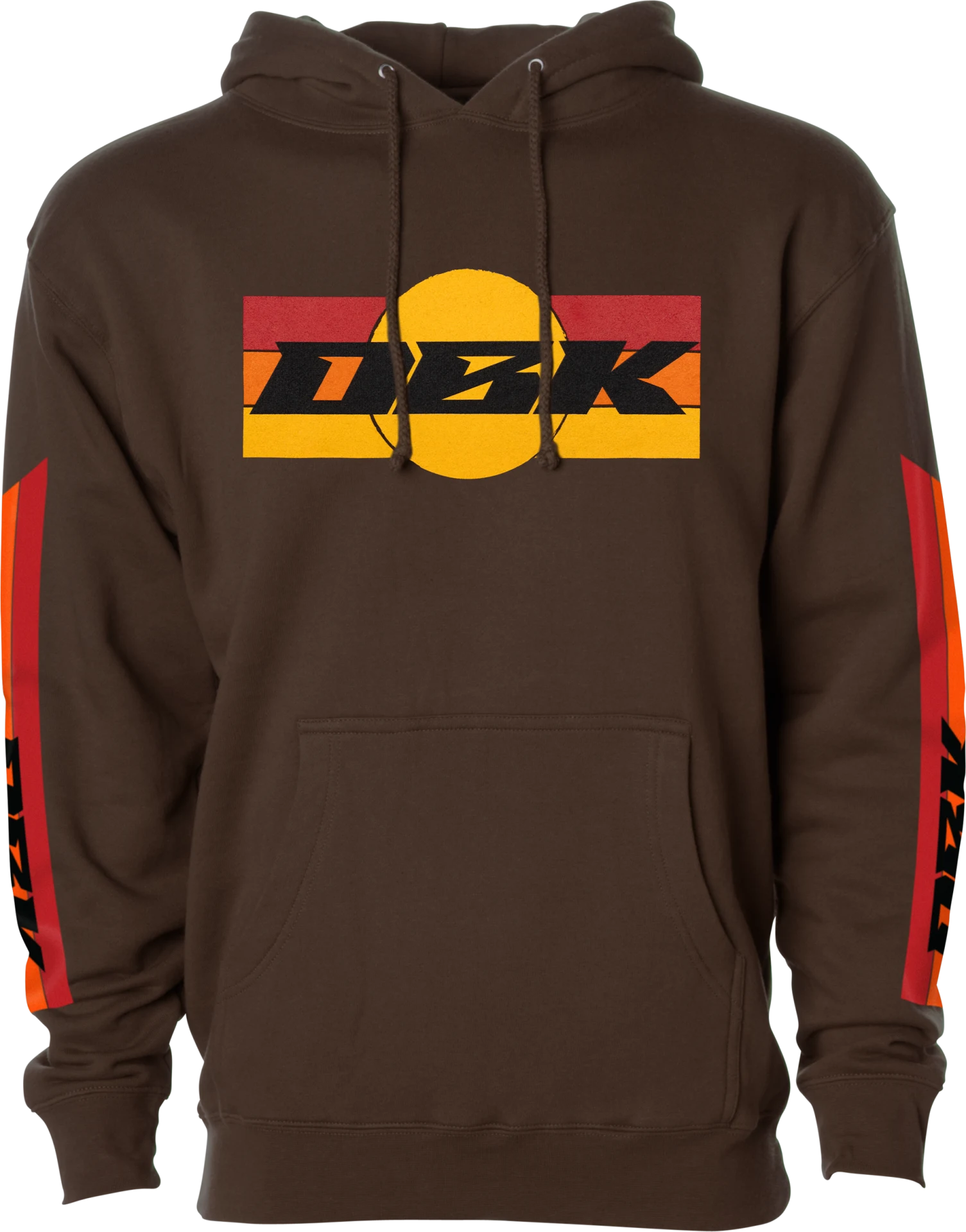 DBK Sunday Stripe Hoodie in brown, front view with a red, orange and yellow striped DBK logo across the chest