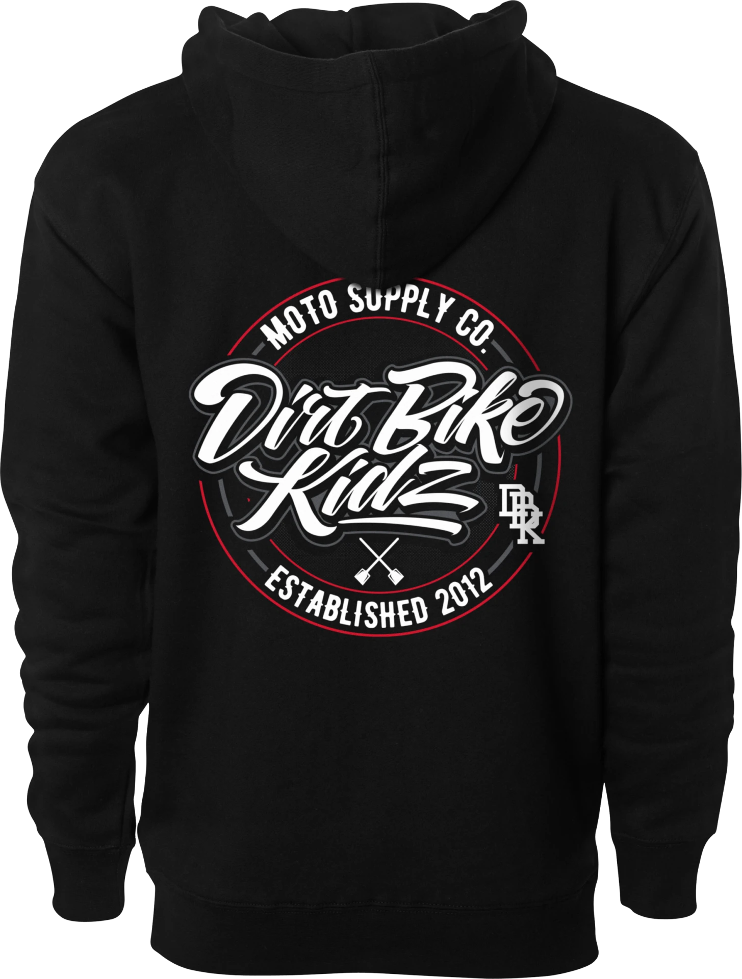 DBK Supply Co. Hoodie in black, back view with a large round Dirt Bike Kidz Moto Supply Co. graphic