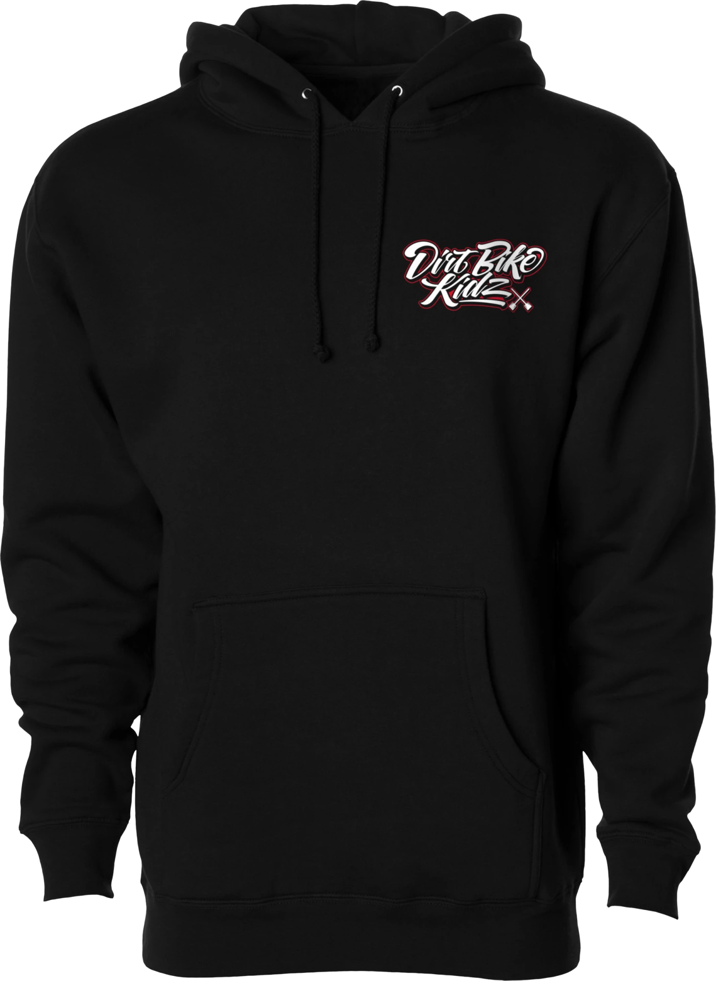 DBK Supply Co. Hoodie in black, front view with a small Dirt Bike Kidz script logo on the left chest