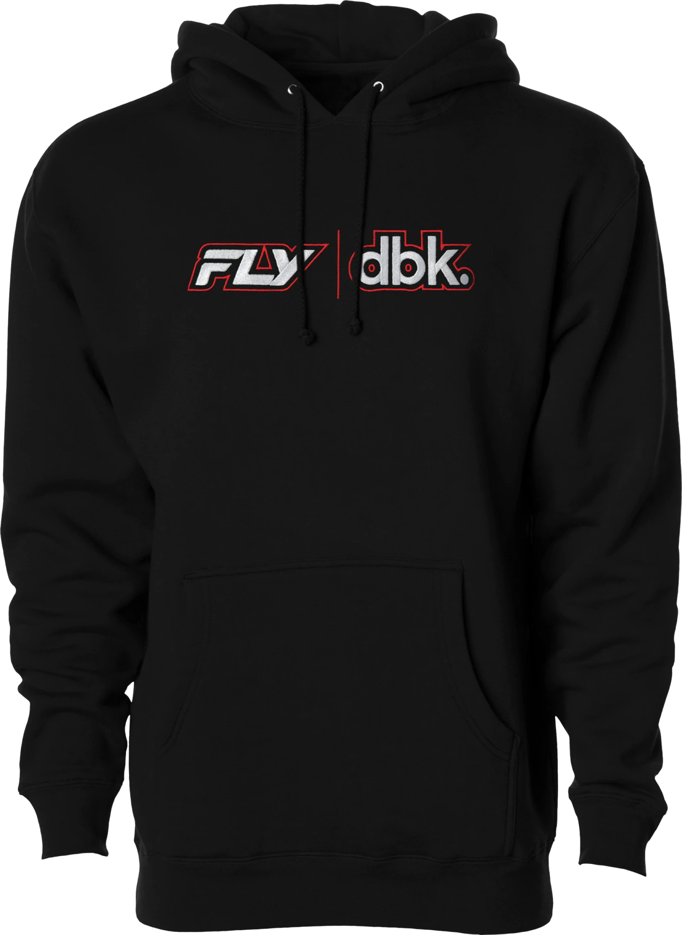 Black Fly Racing DBK hoodie, front view with Fly and dbk logos across the chest