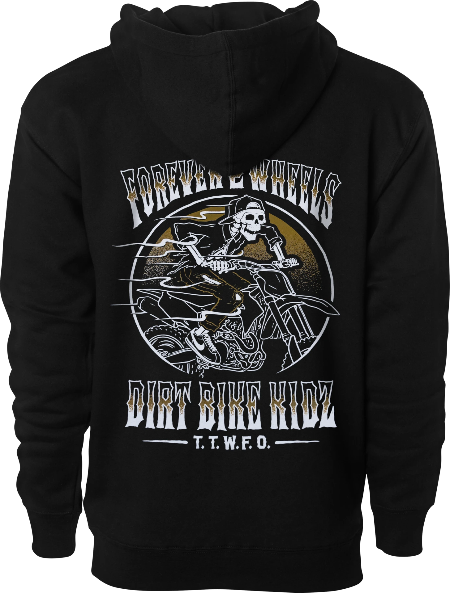 DBK Ghost Rider Hoodie in black, back view with Forever 2 Wheels skeleton rider graphic