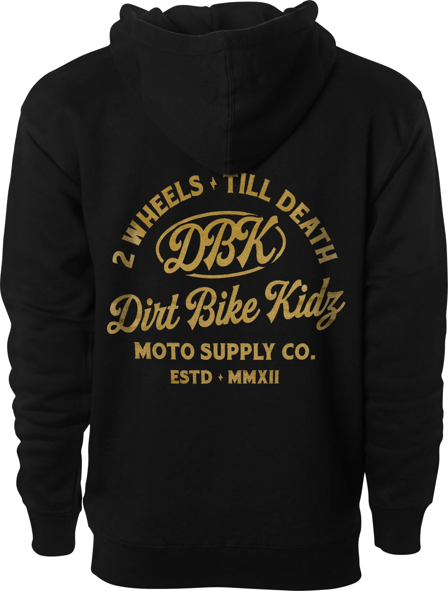 DBK Gold Nugget Hoodie in black, back view with gold Dirt Bike Kidz Moto Supply graphic