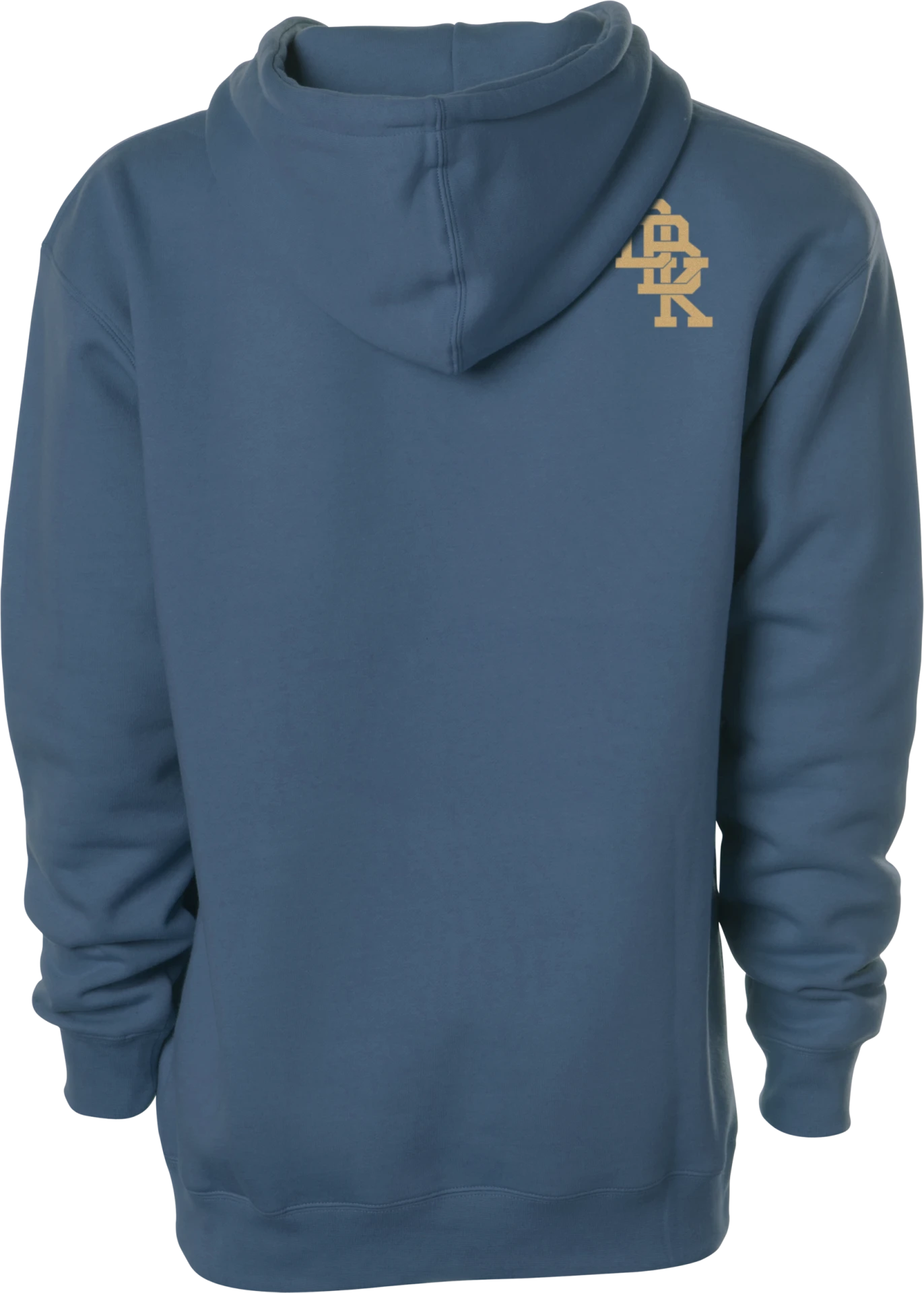 DBK Gold Standard Hoodie in storm blue, back view with small DK monogram below the hood