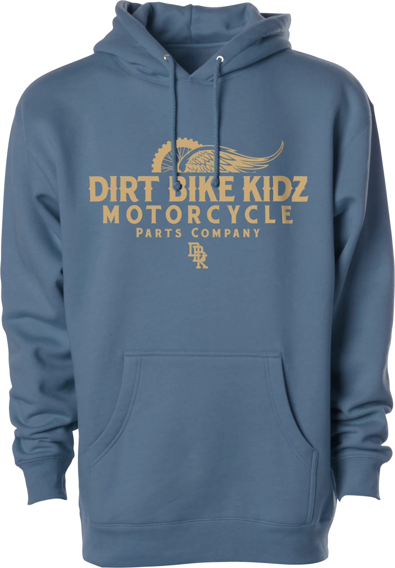 DBK Gold Standard Hoodie in storm blue, front view with tan Dirt Bike Kidz Motorcycle Parts Company graphic