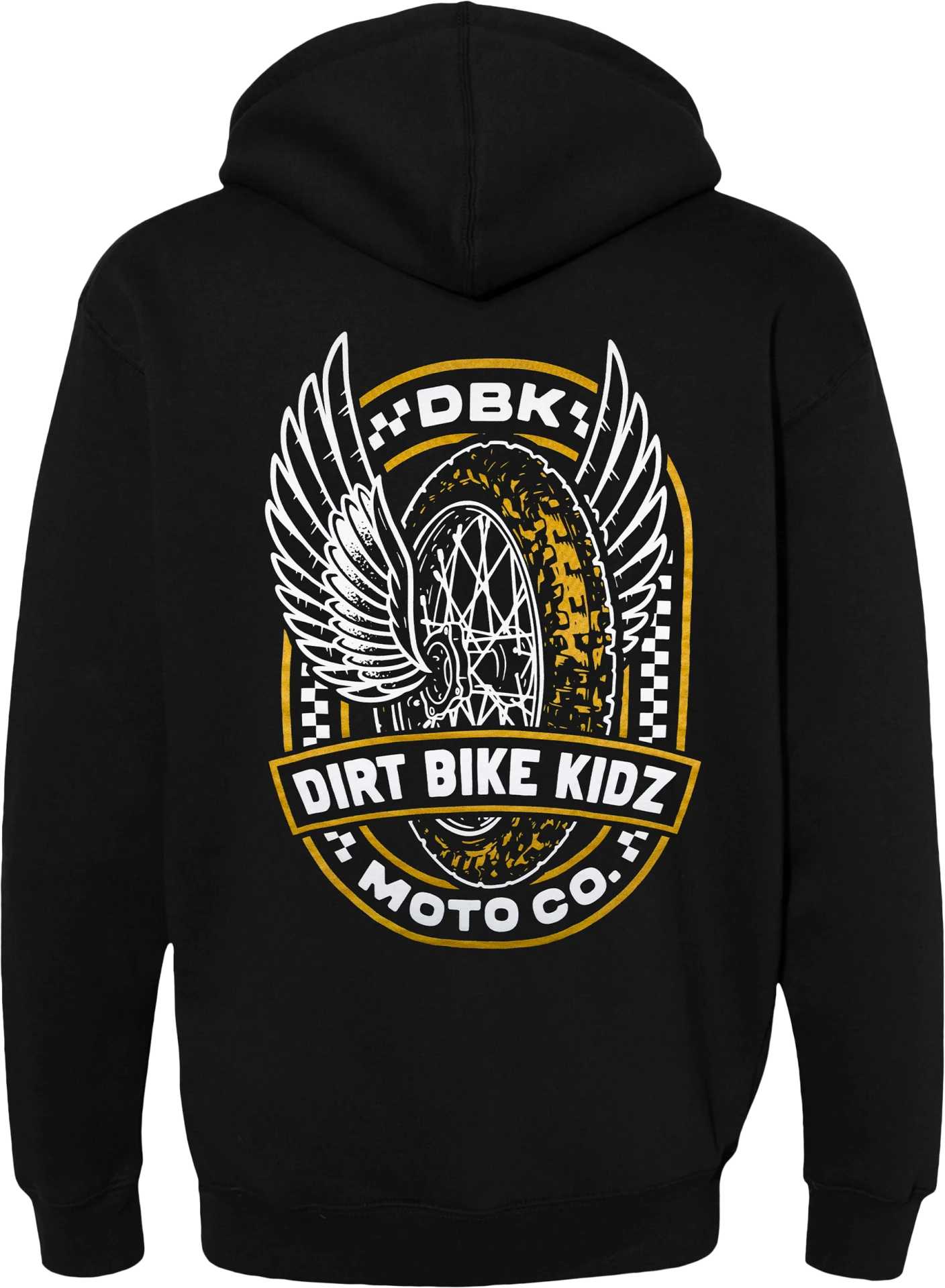 DBK Guardian Hoodie in black, back view with winged wheel Dirt Bike Kidz Moto Co. graphic