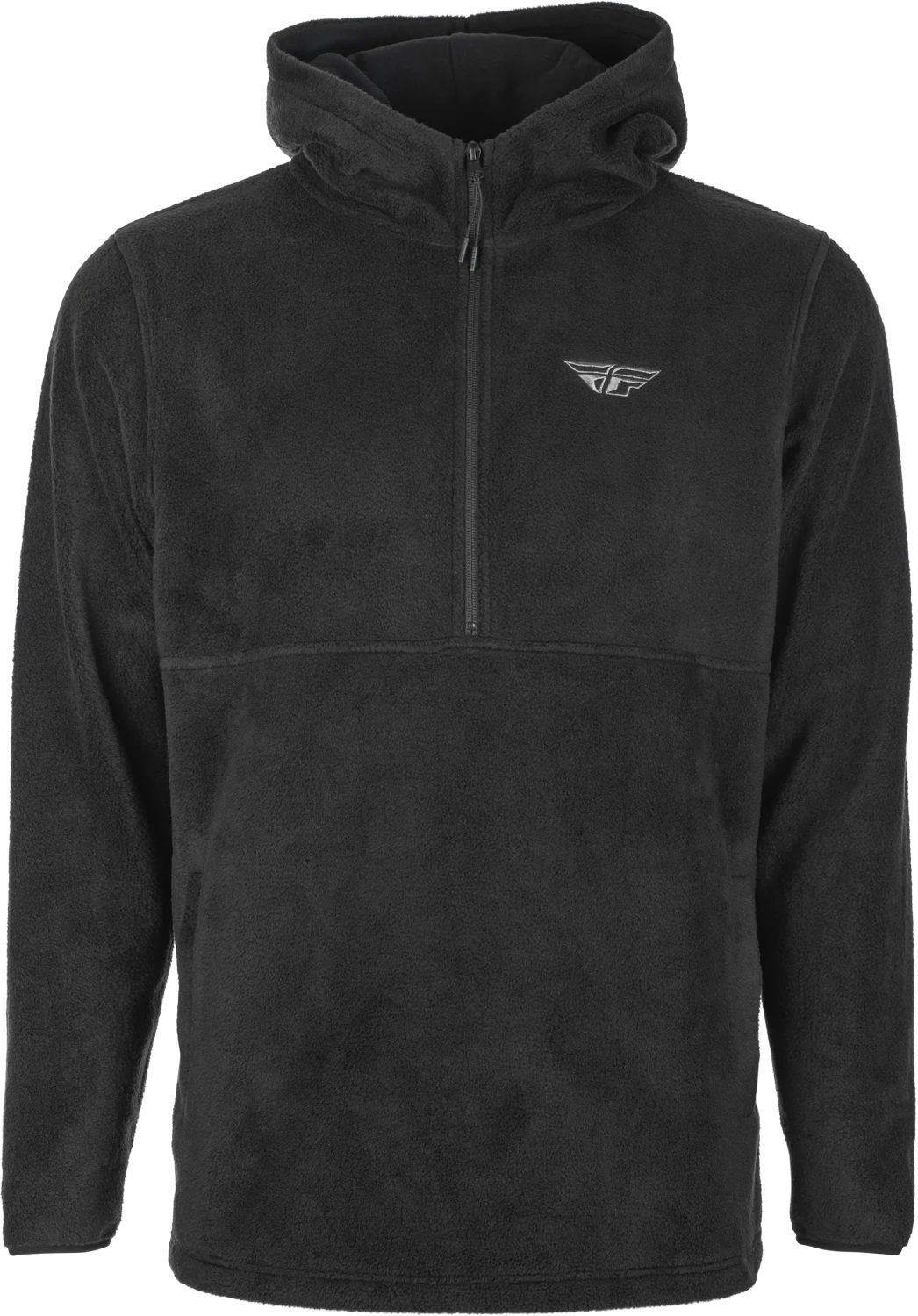 Fly Racing Half Zip Pullover Hoodie in black, front view with half zip and small chest logo