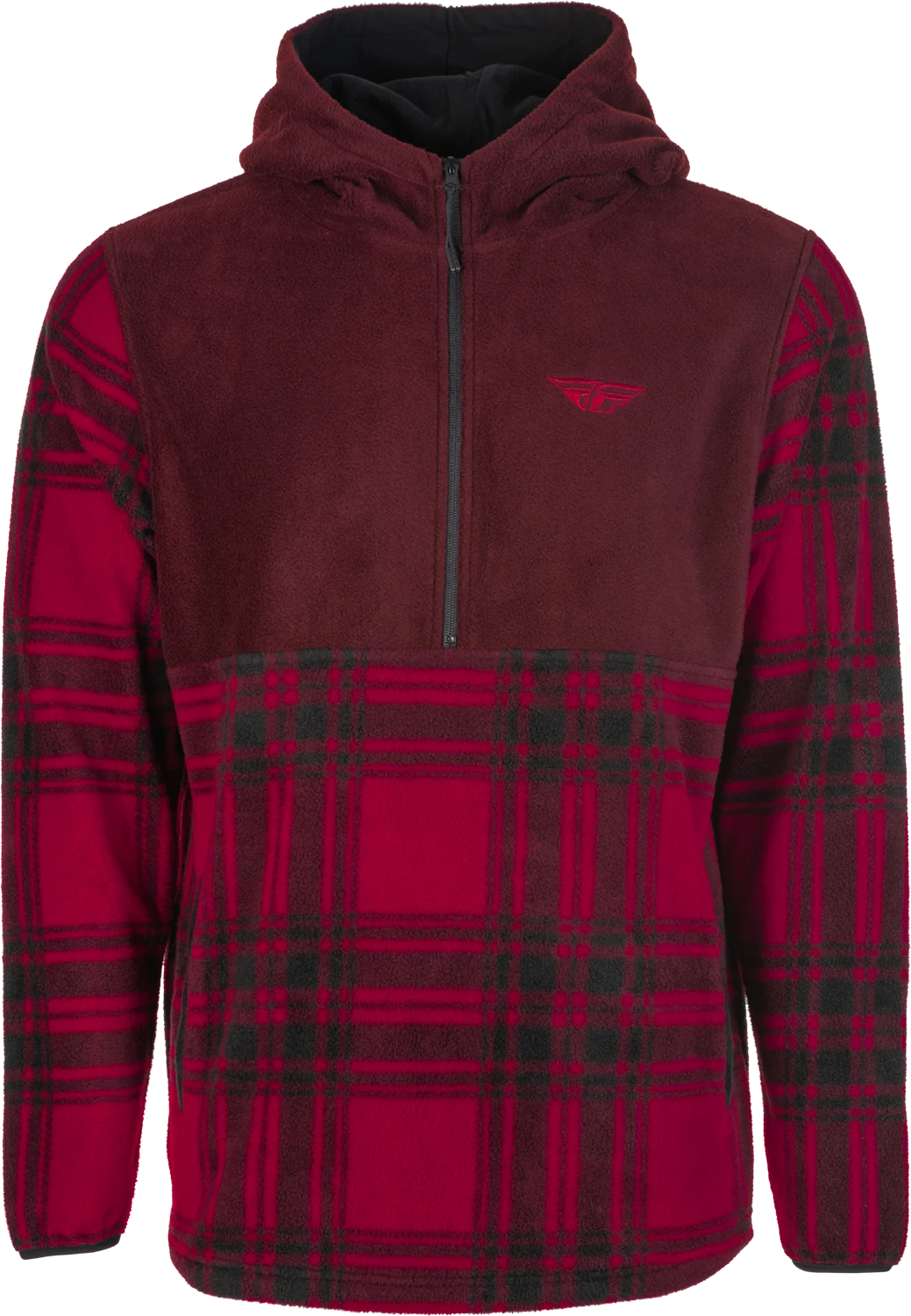 Fly Racing Half Zip Pullover Hoodie in red plaid, front view with half zip and small chest logo