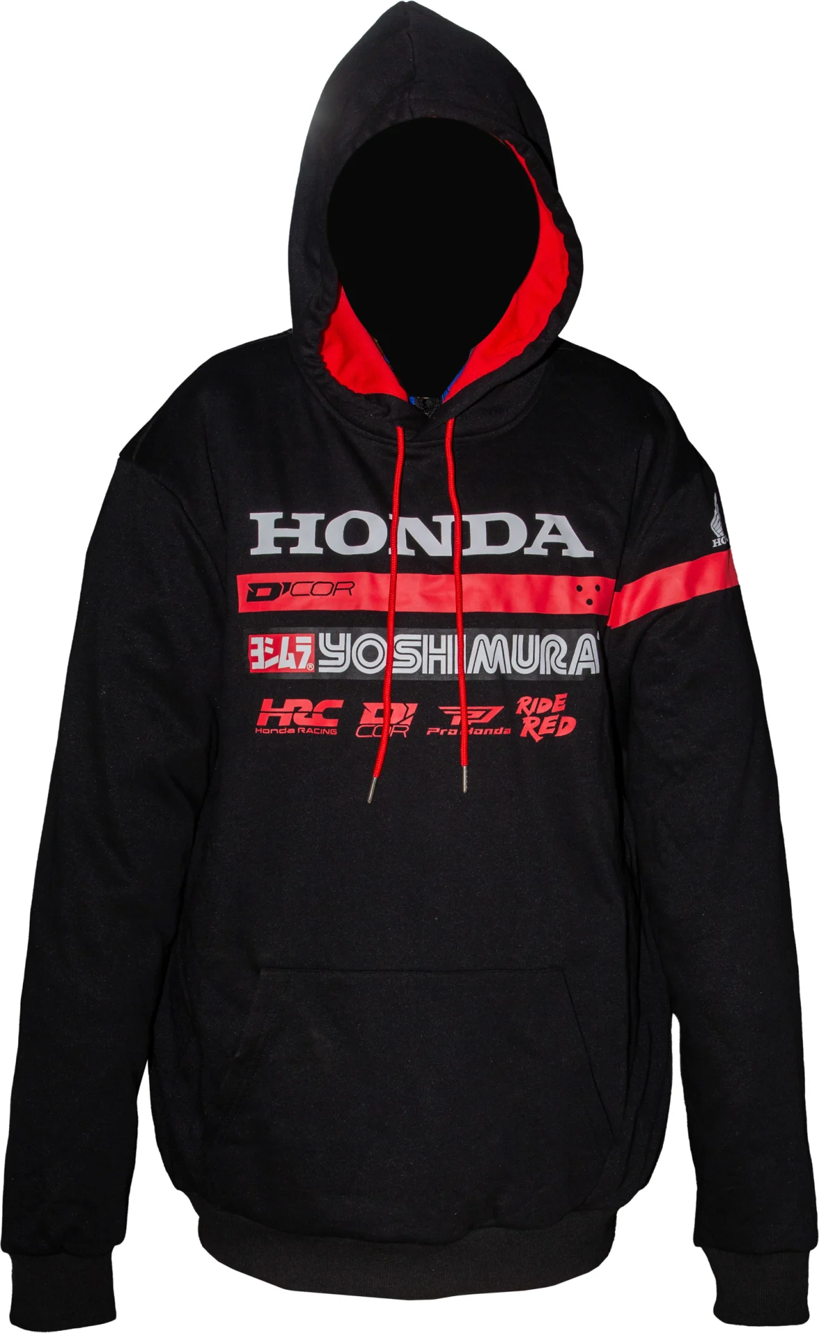 D'Cor Honda Factory2 Sweatshirt in black with red hood lining, front view with Honda, Yoshimura and sponsor logos