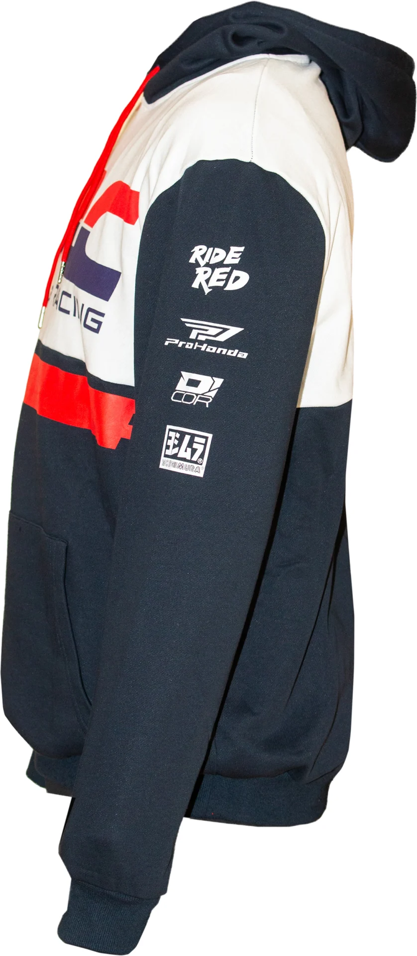 D'Cor Honda HRC2 Sweatshirt in navy, side view with sponsor logos on the sleeve