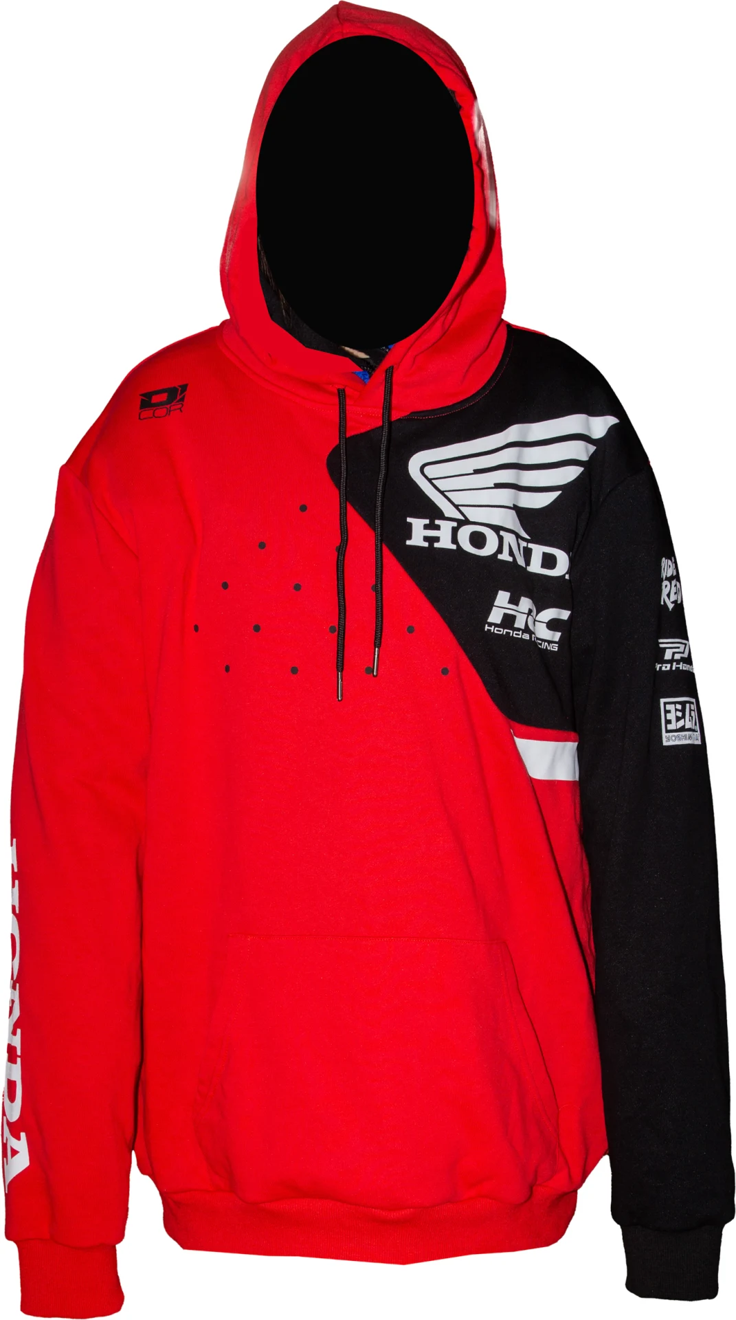 D'Cor Honda Team2 Sweatshirt in red and black, angled front view with Honda wing and HRC logos