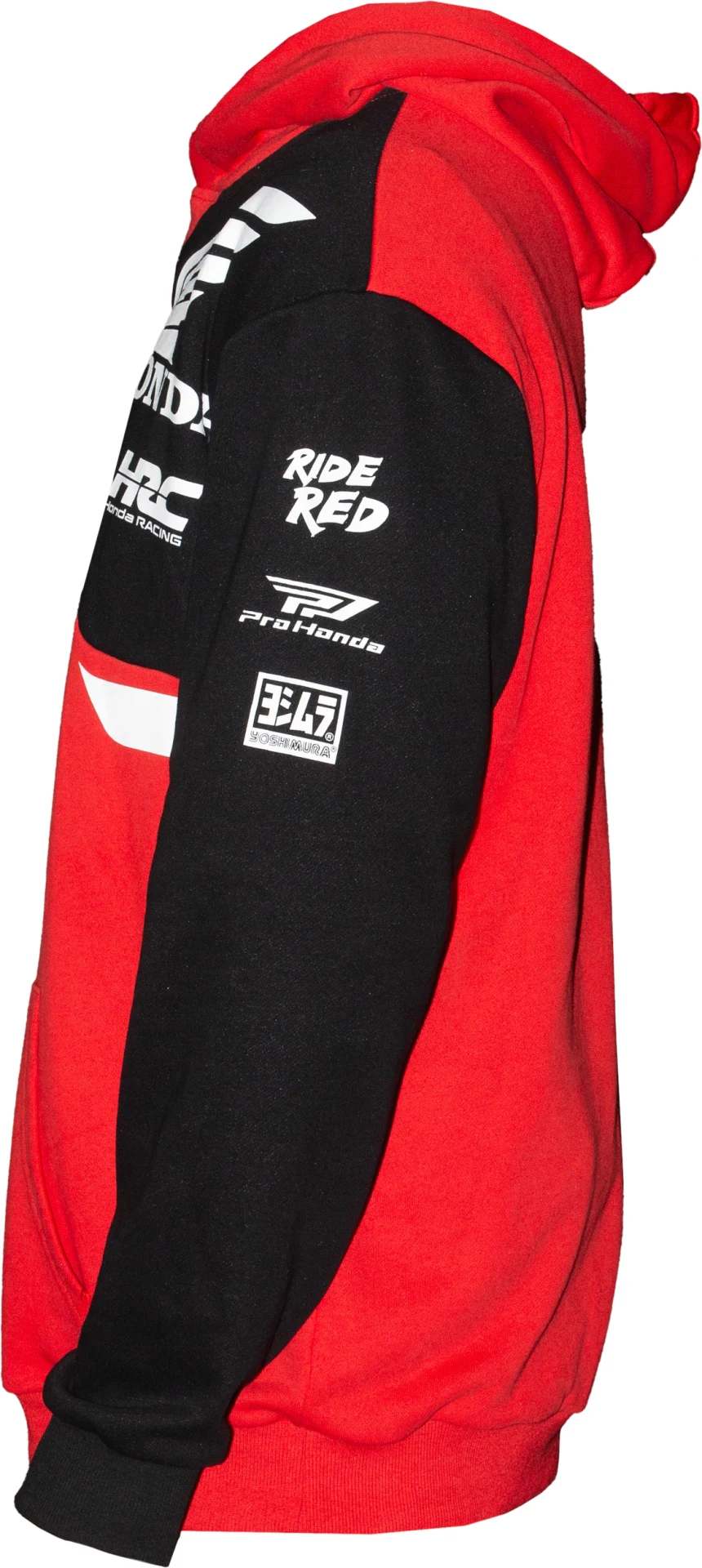 D'Cor Honda Team2 Sweatshirt in red and black, side view with sponsor logos down the sleeve