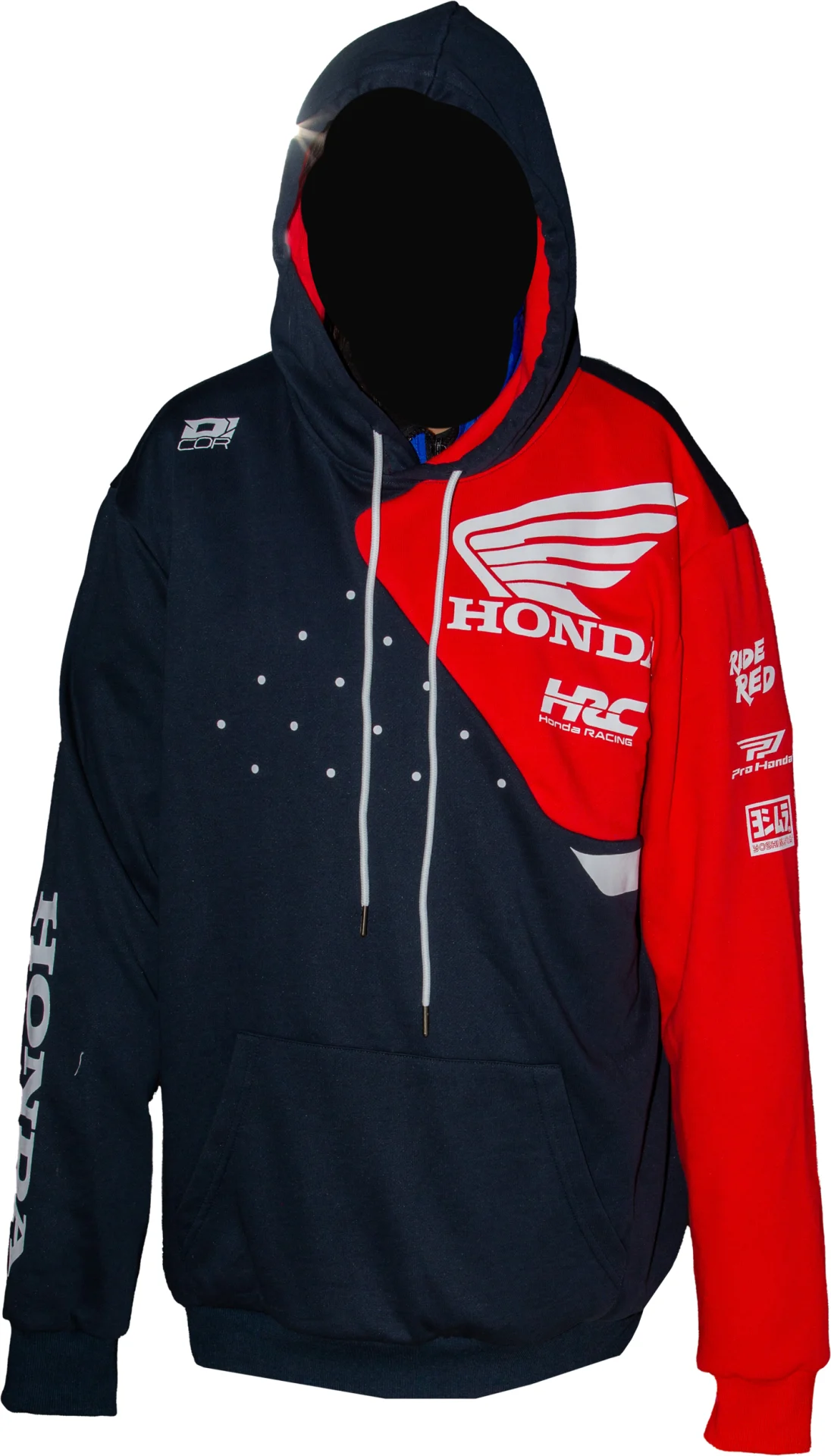 D'Cor Honda Team2 Sweatshirt in navy and red, angled front view with Honda wing and HRC logos