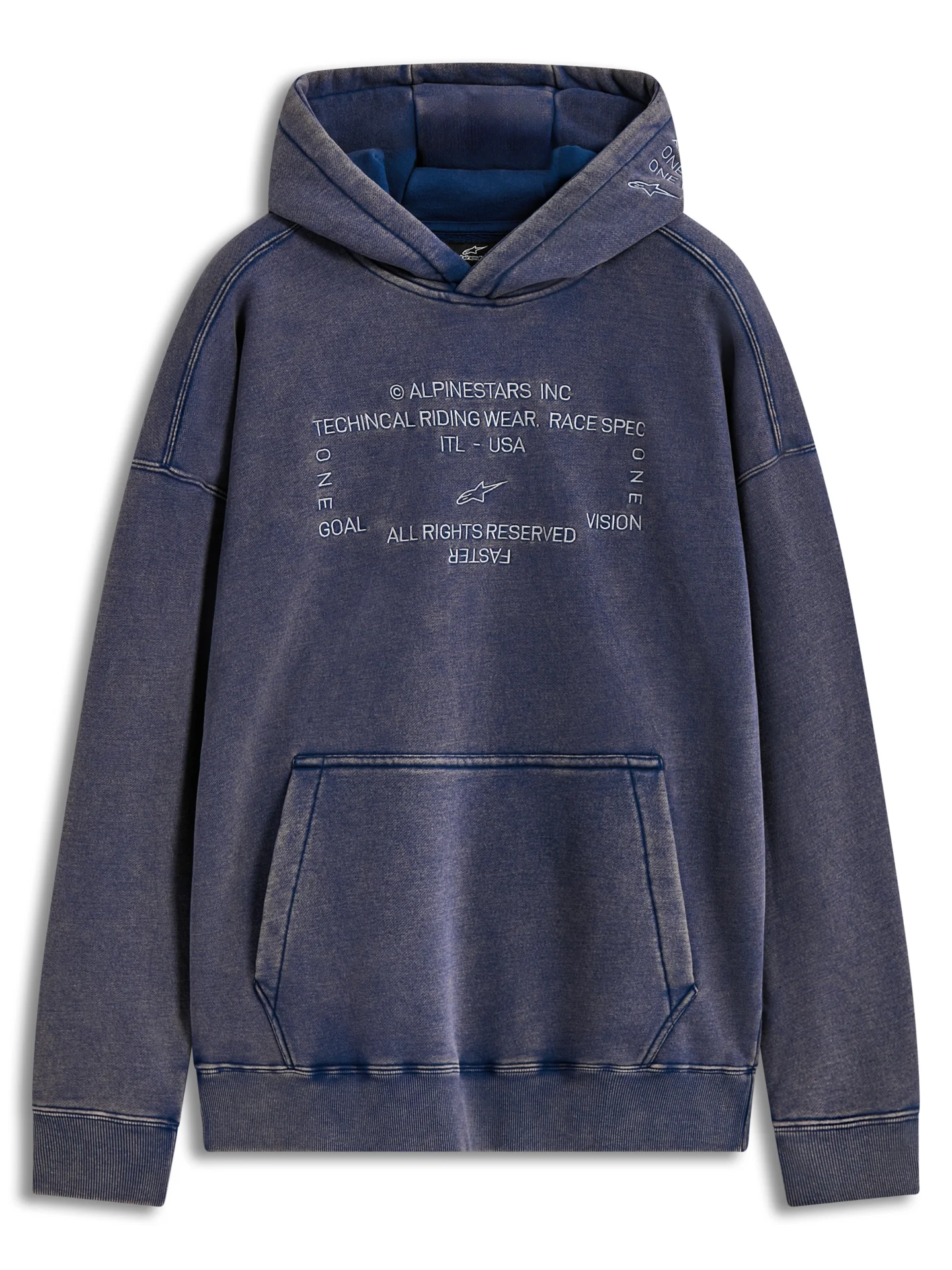 Alpinestars Infinite Washed Oversized Hoodie in washed navy, front view with kangaroo pocket and chest text logo