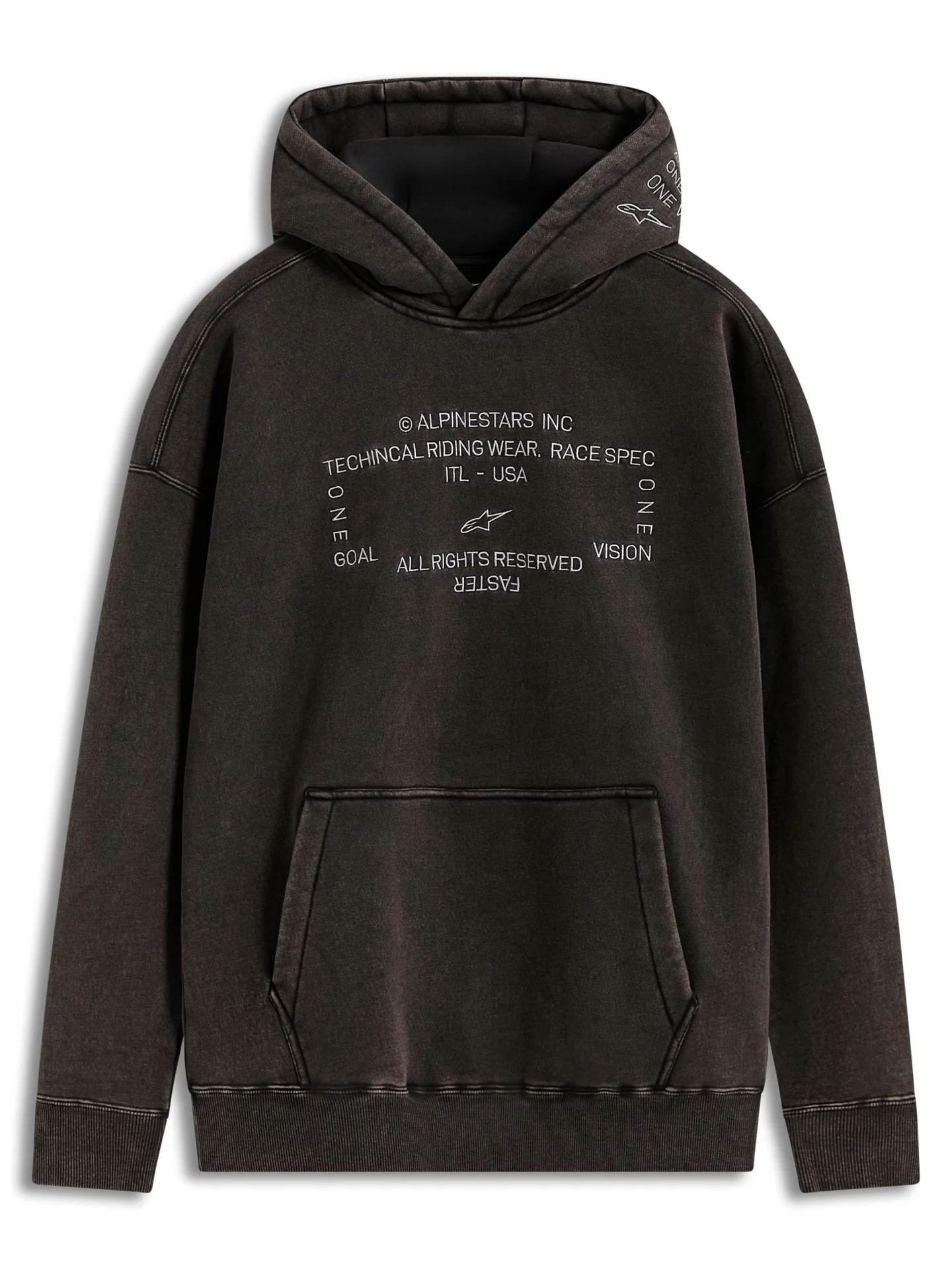 Alpinestars Infinite Washed Oversized Hoodie in washed black, front view with kangaroo pocket and chest text logo