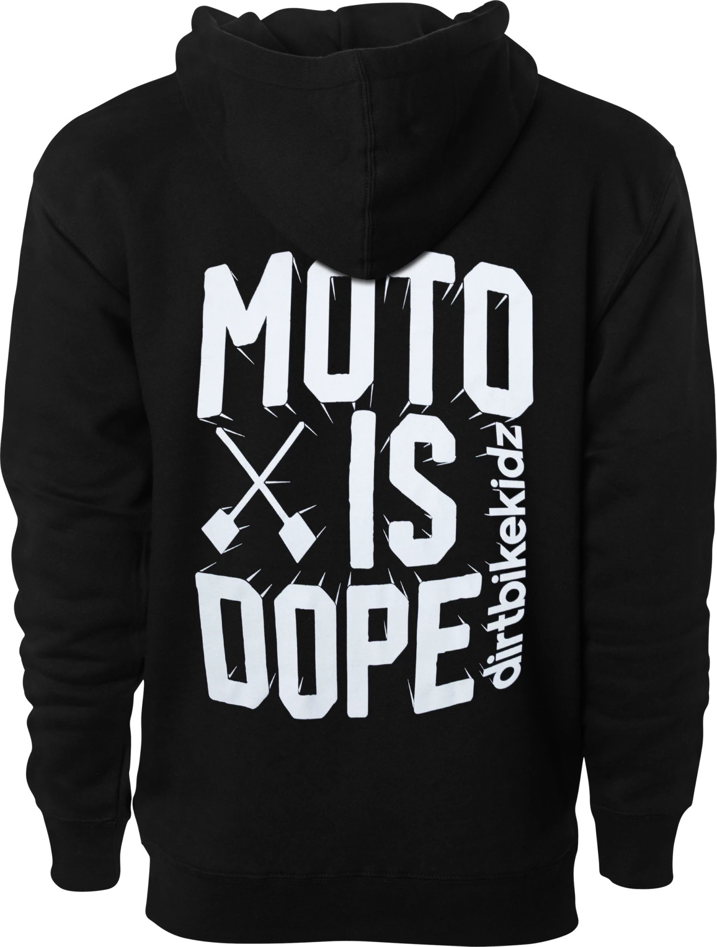 DBK Moto Is Dope Hoodie in black, back view with large white Moto Is Dope graphic
