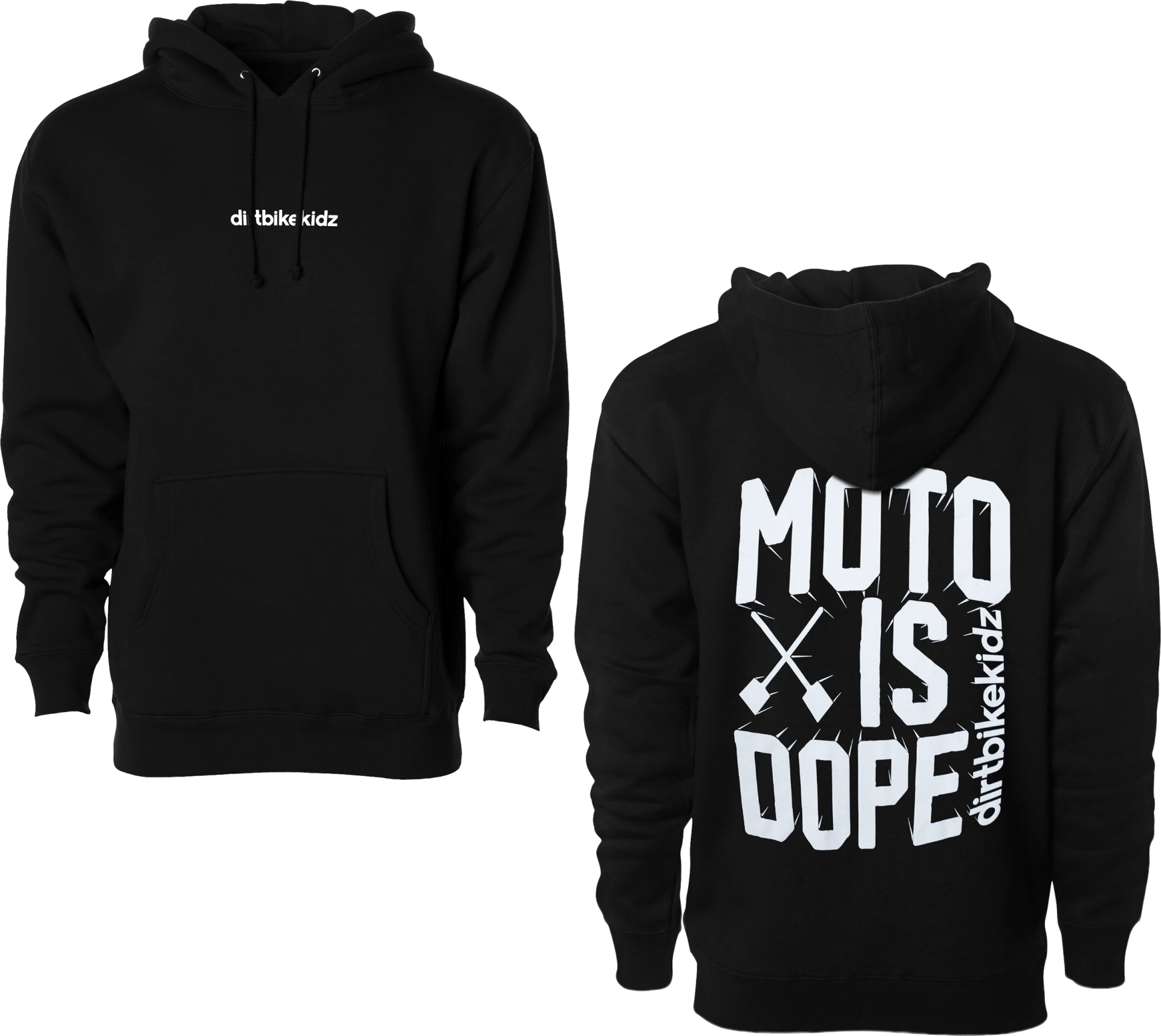 DBK Moto Is Dope Hoodie in black, front and back views side by side