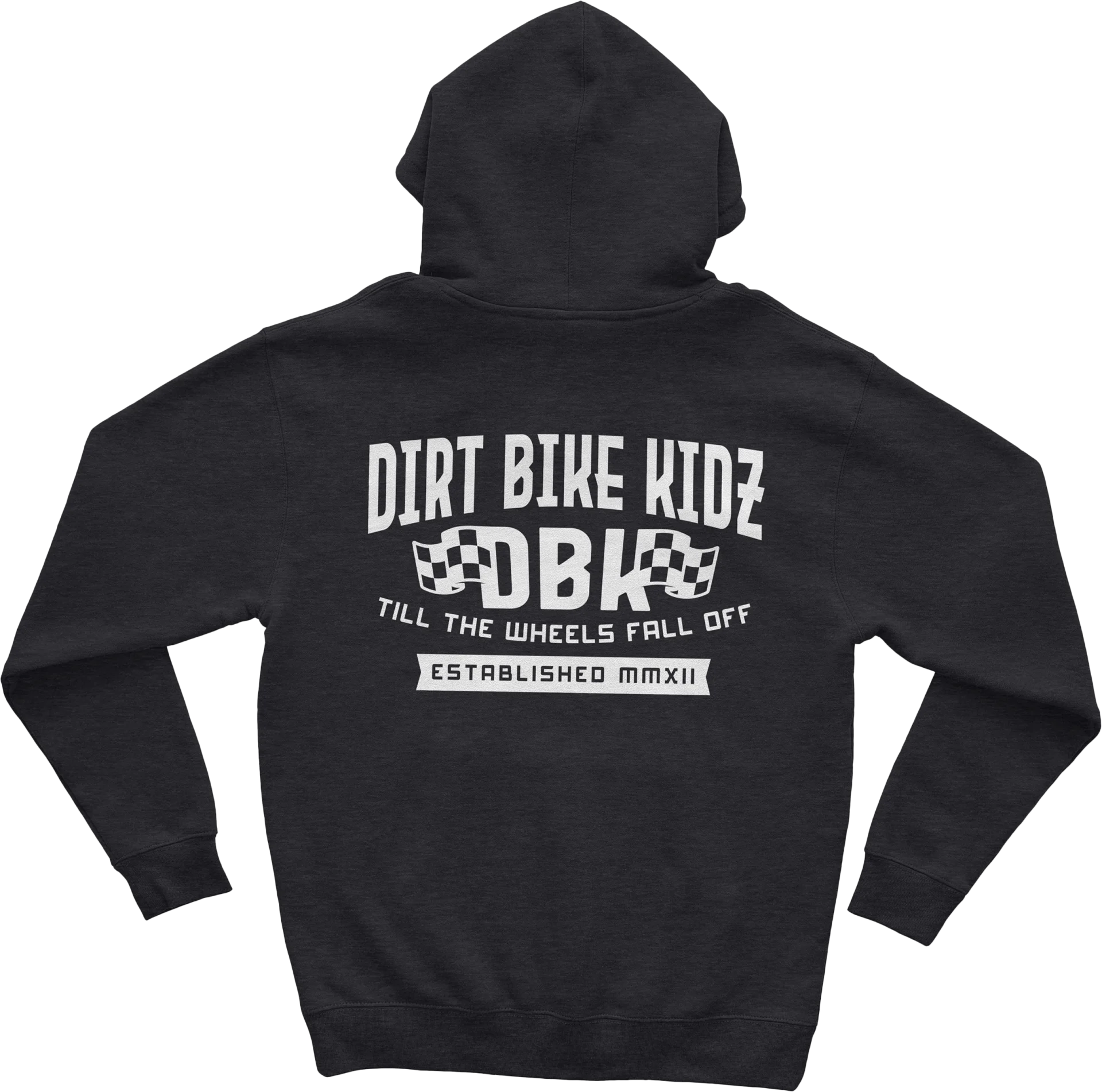 DBK Till The End Hoodie in charcoal, back view with large Dirt Bike Kidz DBK graphic