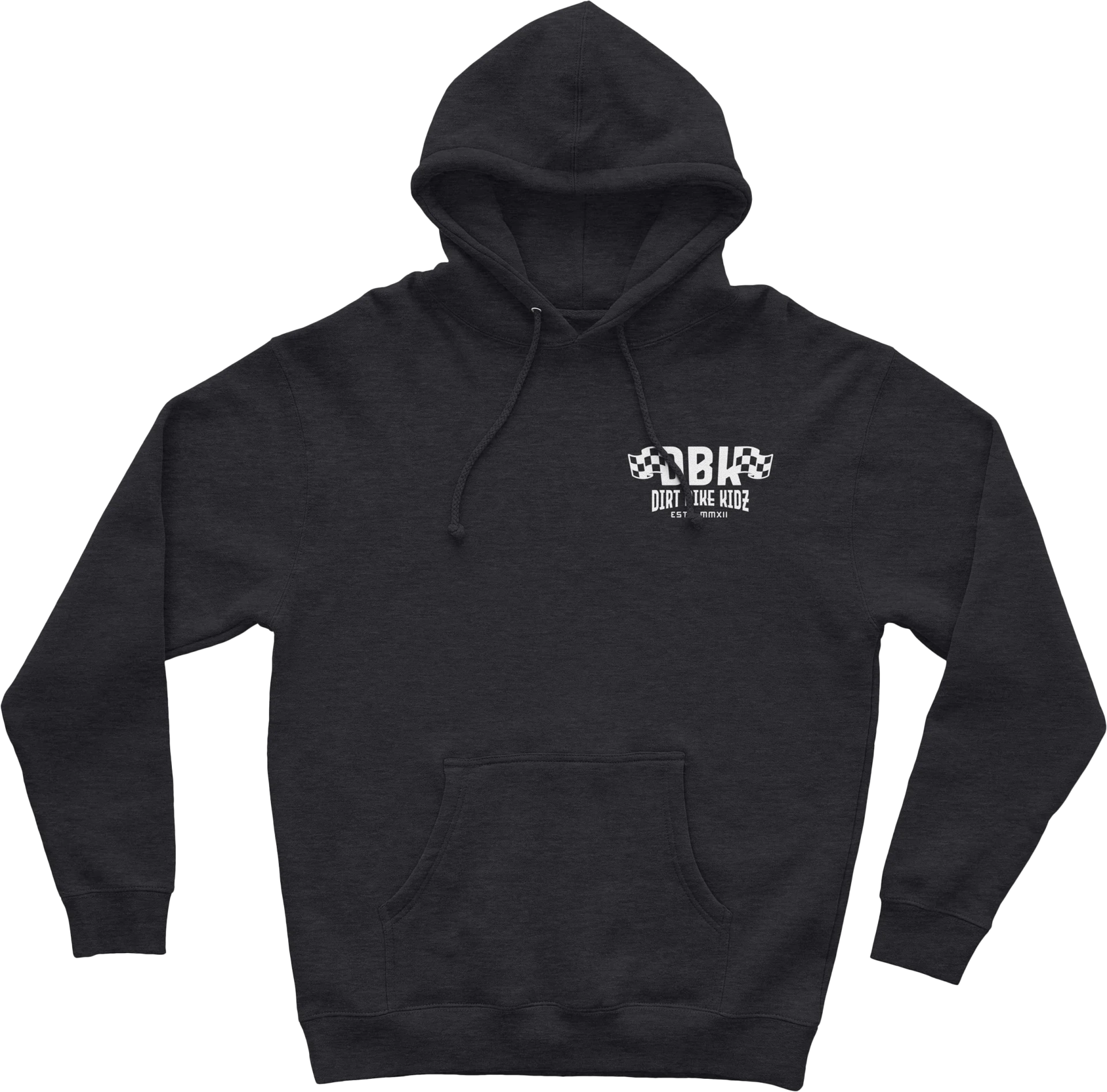 DBK Till The End Hoodie in charcoal, front view with small DBK chest logo