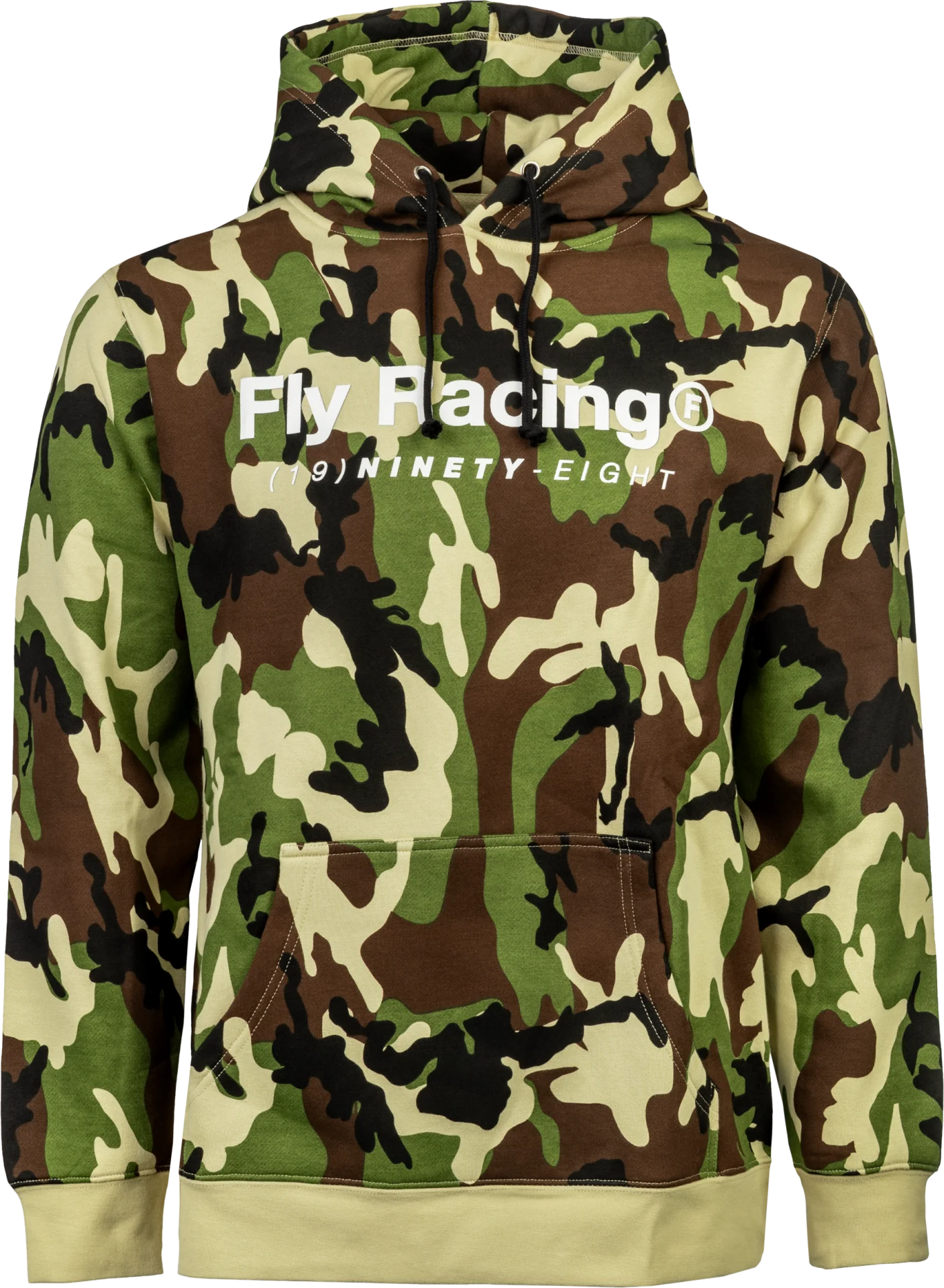 FLY Racing Trademark Hoodie in army camo, front view with a white Fly Racing logo across the chest and tan cuffs and hem