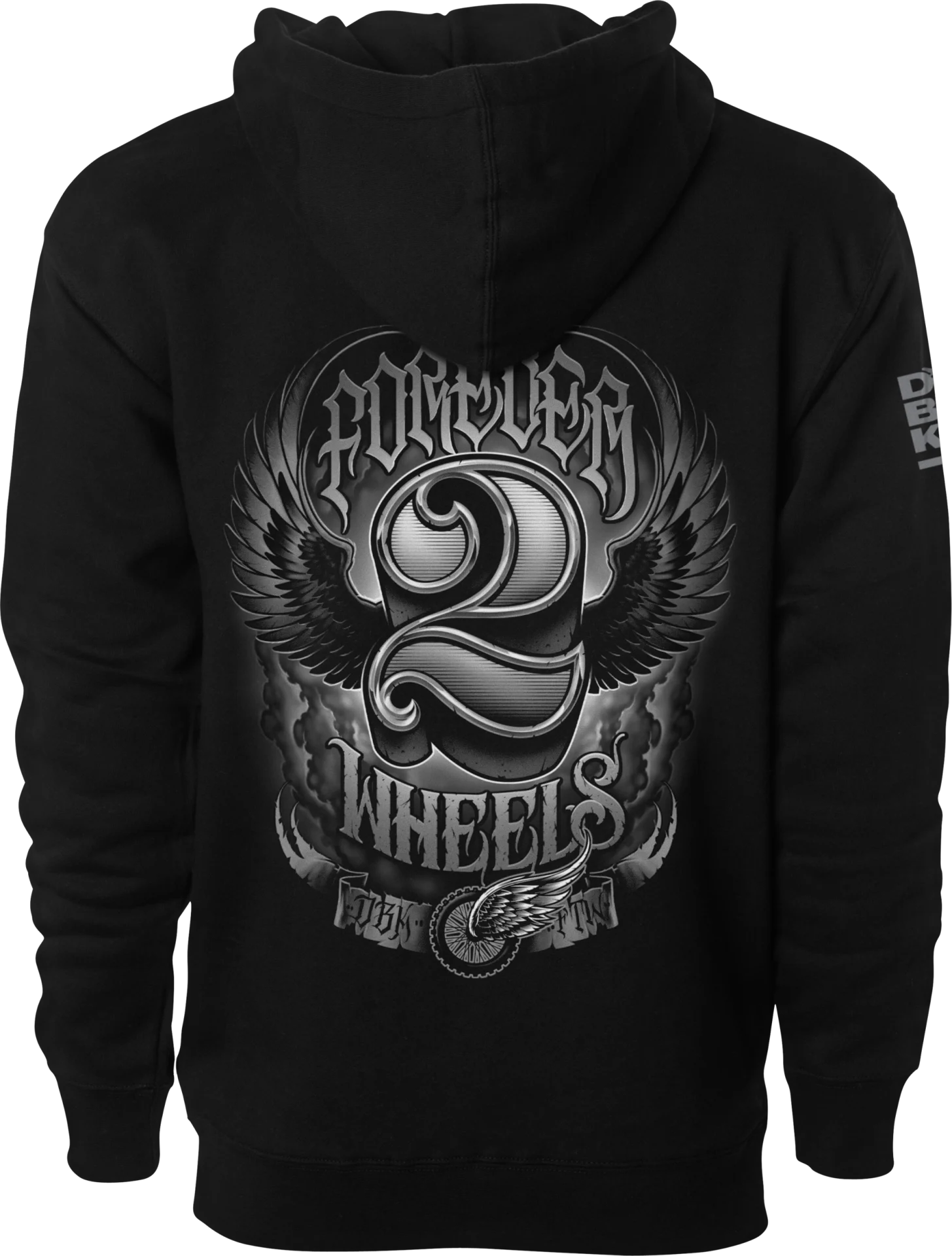 DBK Two Wheels Hoodie in black, back view with a large gray Forever 2 Wheels script graphic