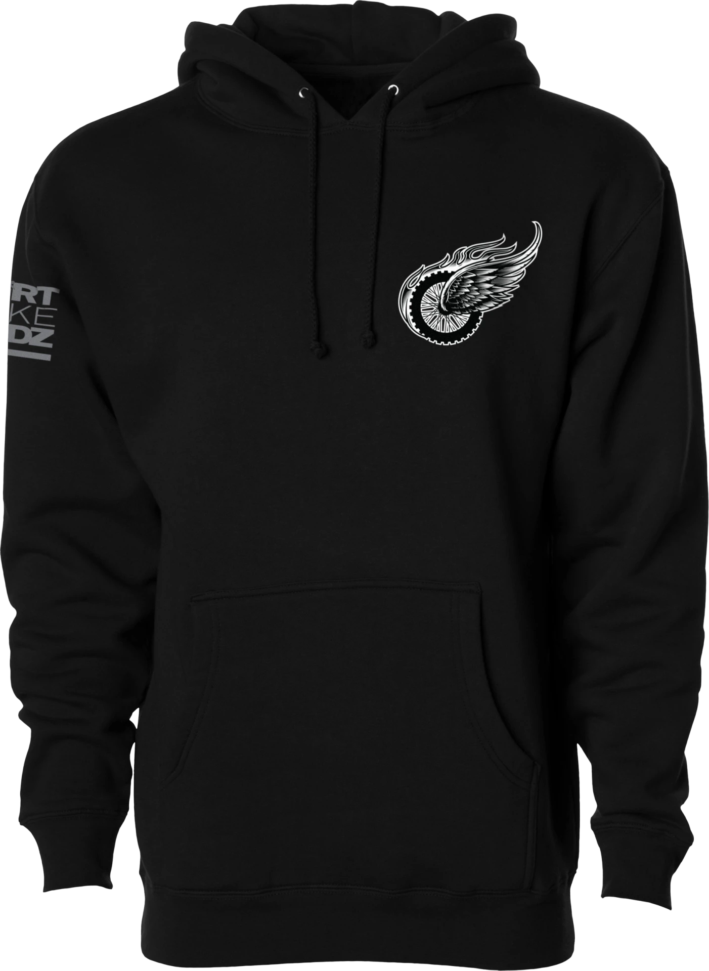DBK Two Wheels Hoodie in black, front view with a small gray winged logo on the left chest and a sleeve print