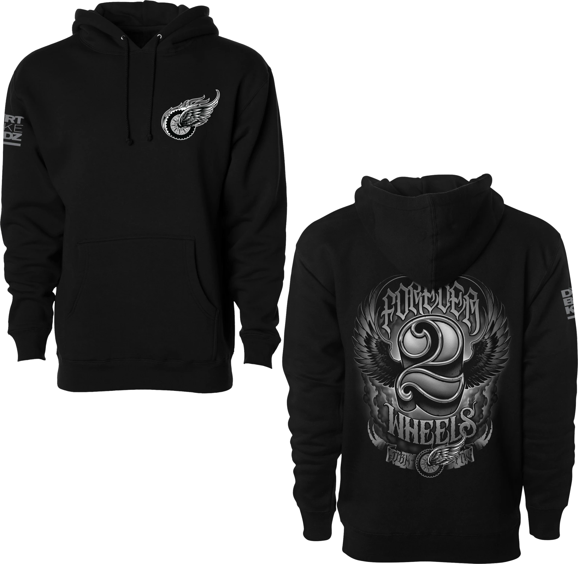 DBK Two Wheels Hoodie in black, front and back views side by side