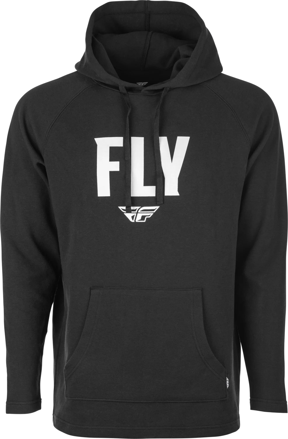 Fly Racing Weekender Pullover Hoodie (2023) in black, front view with large white FLY logo