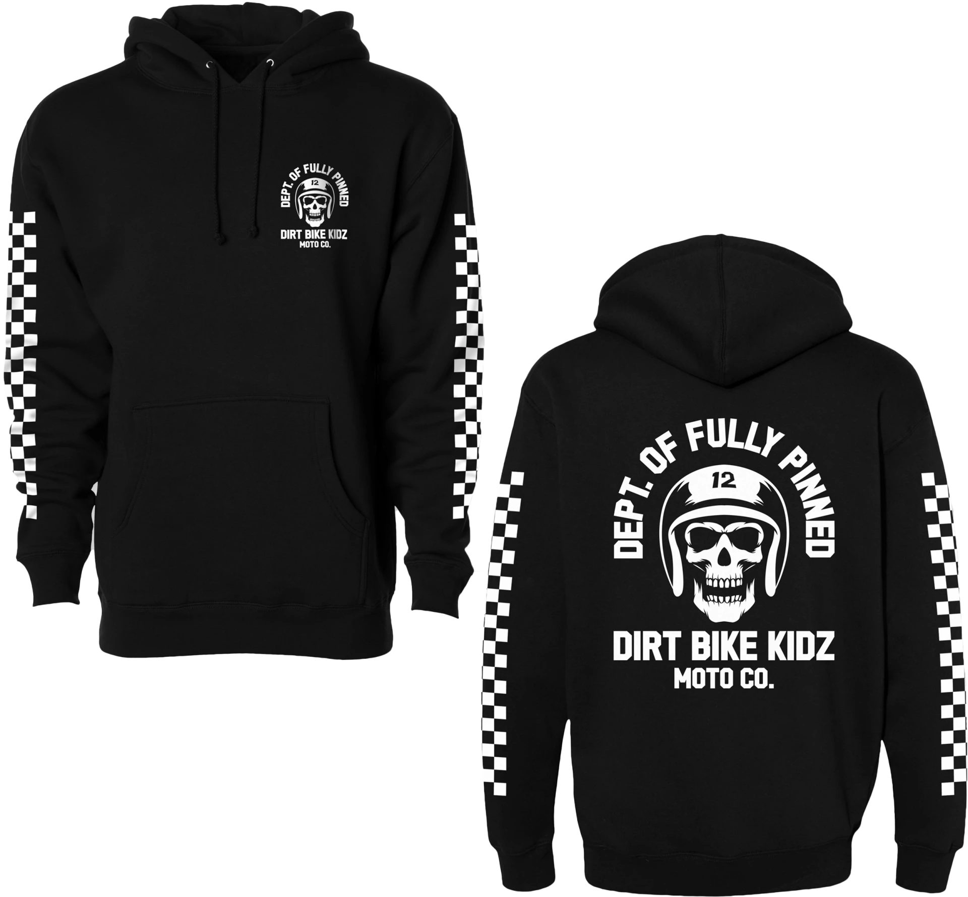 Black DBK Fully Pinned hoodie, front and back views with white skull graphic and checkered sleeves