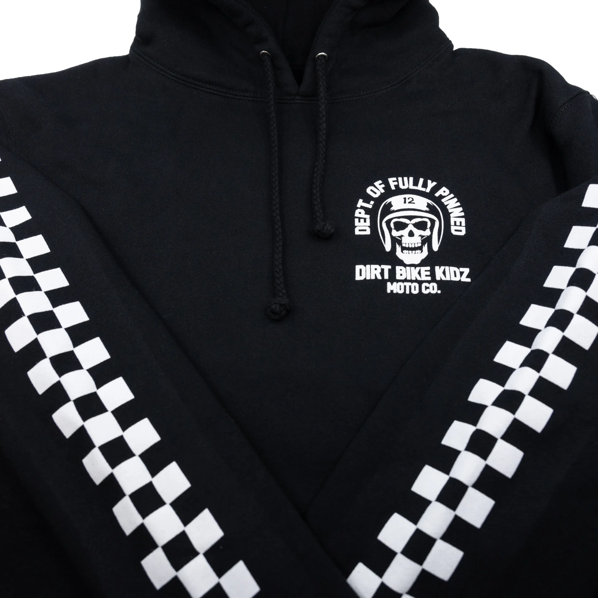 Close-up of the black DBK Fully Pinned hoodie front, showing the chest logo and checkered sleeves