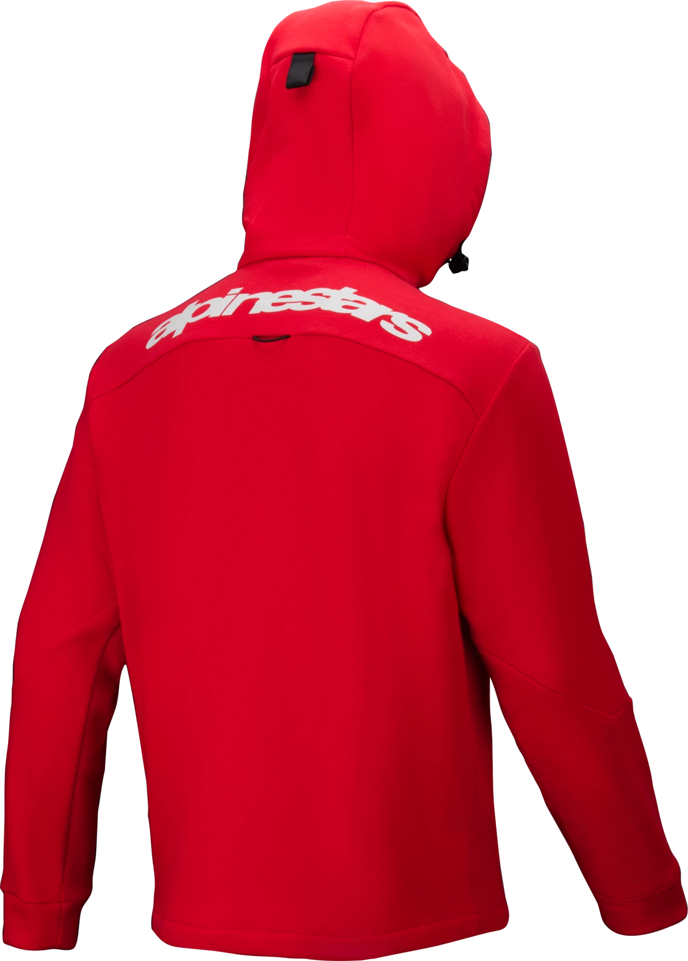 Alpinestars Racer MX Fleece in bright red, back view with the hood up and the Alpinestars logo across the shoulders