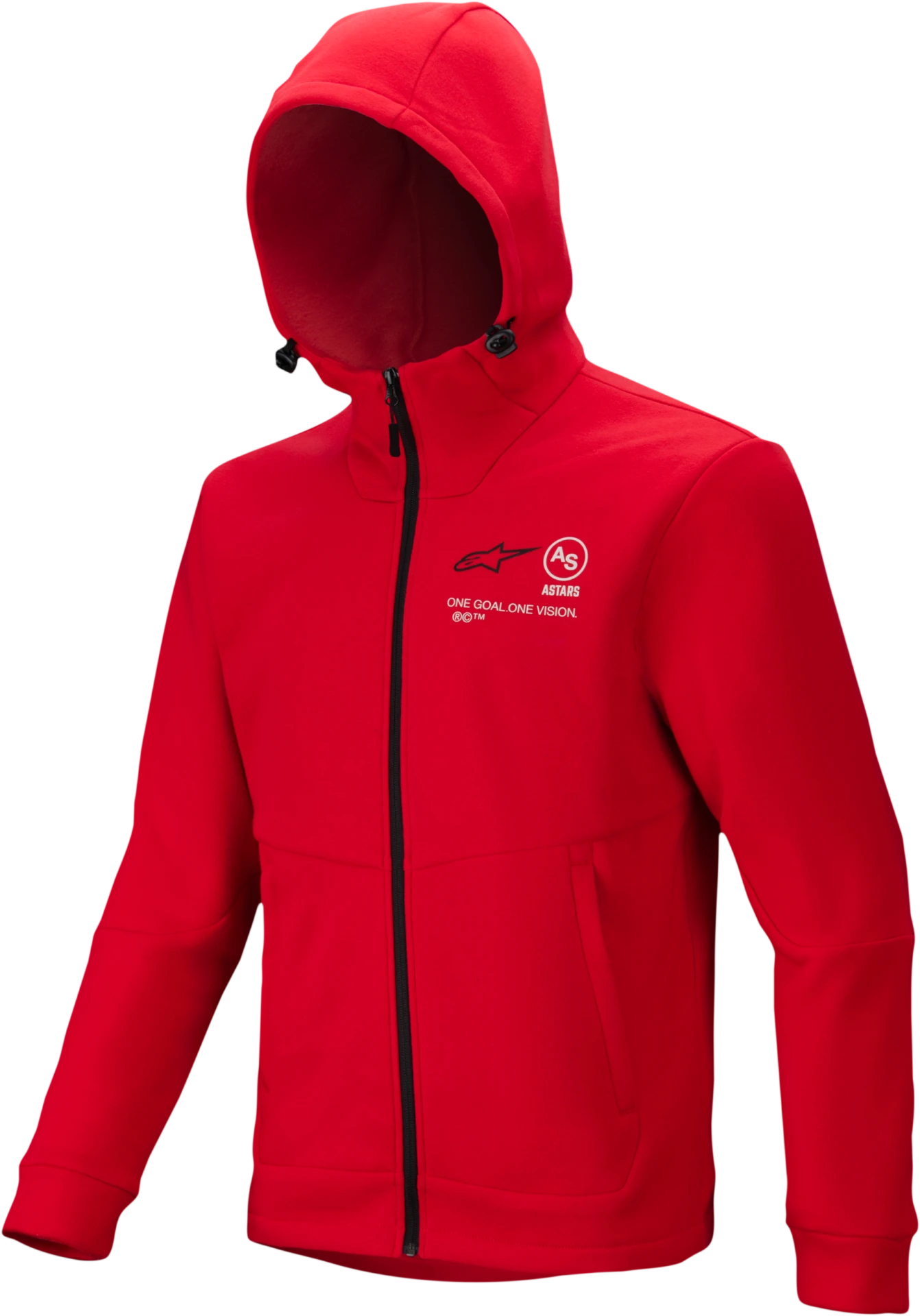 Alpinestars Racer MX Fleece in bright red, front three-quarter view, zipped with the hood up