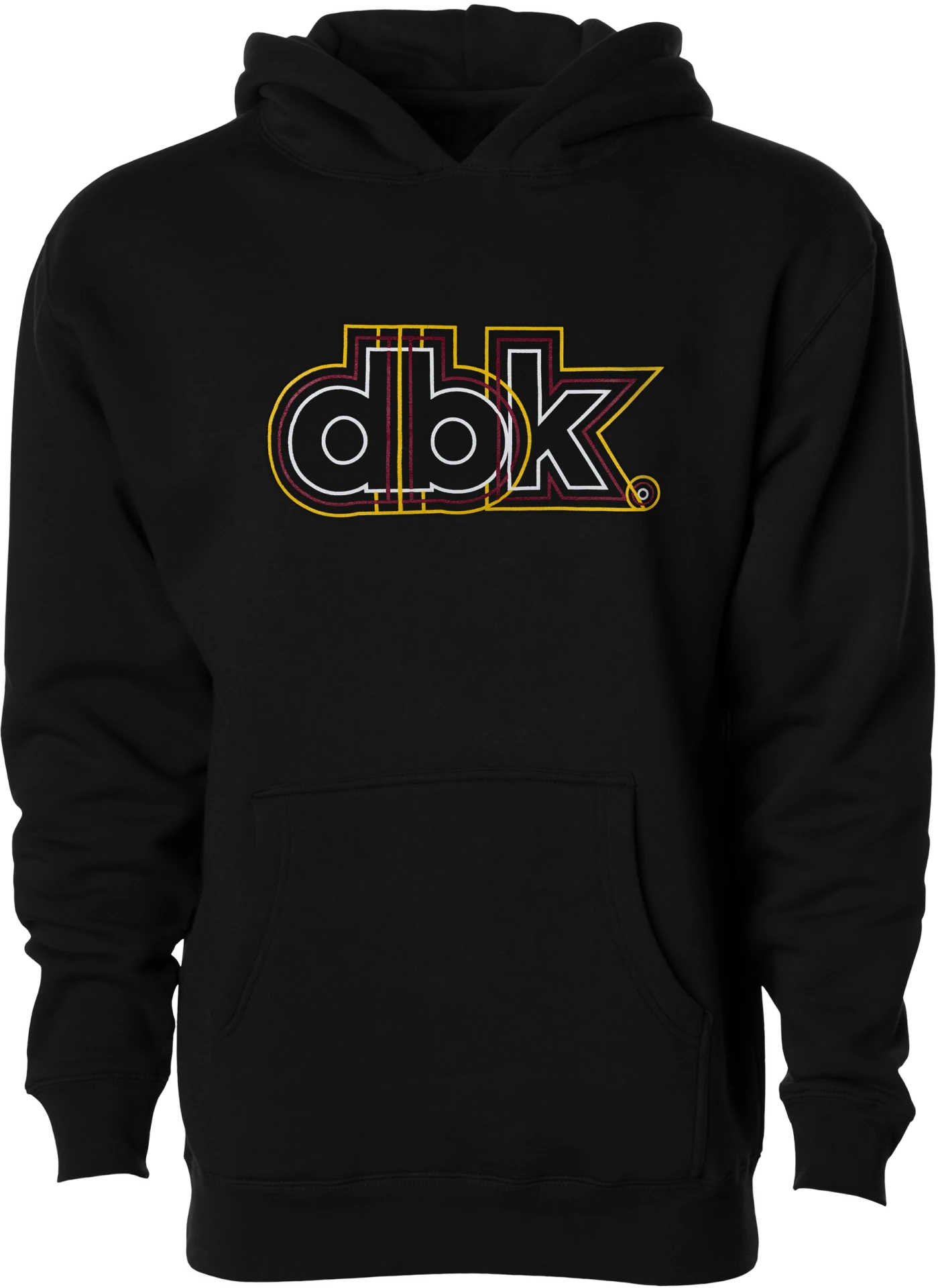 DBK Lined Up Youth Hoodie in black, front view with gold and white dbk chest graphic