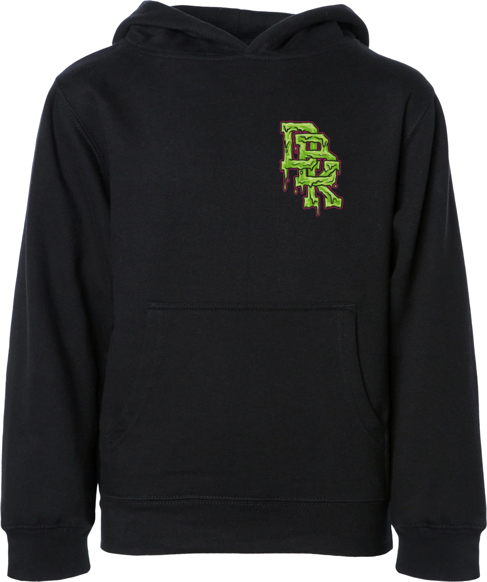 DBK Slimer Youth Hoodie in black, front view with a small green DBK logo on the left chest
