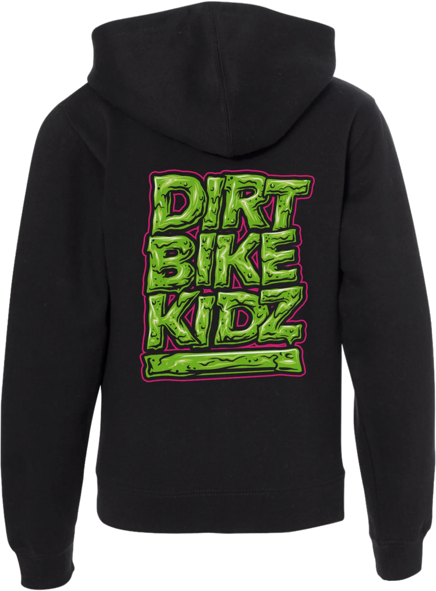 DBK Slimer Youth Hoodie in black, back view with a large green slime-style Dirt Bike Kidz graphic