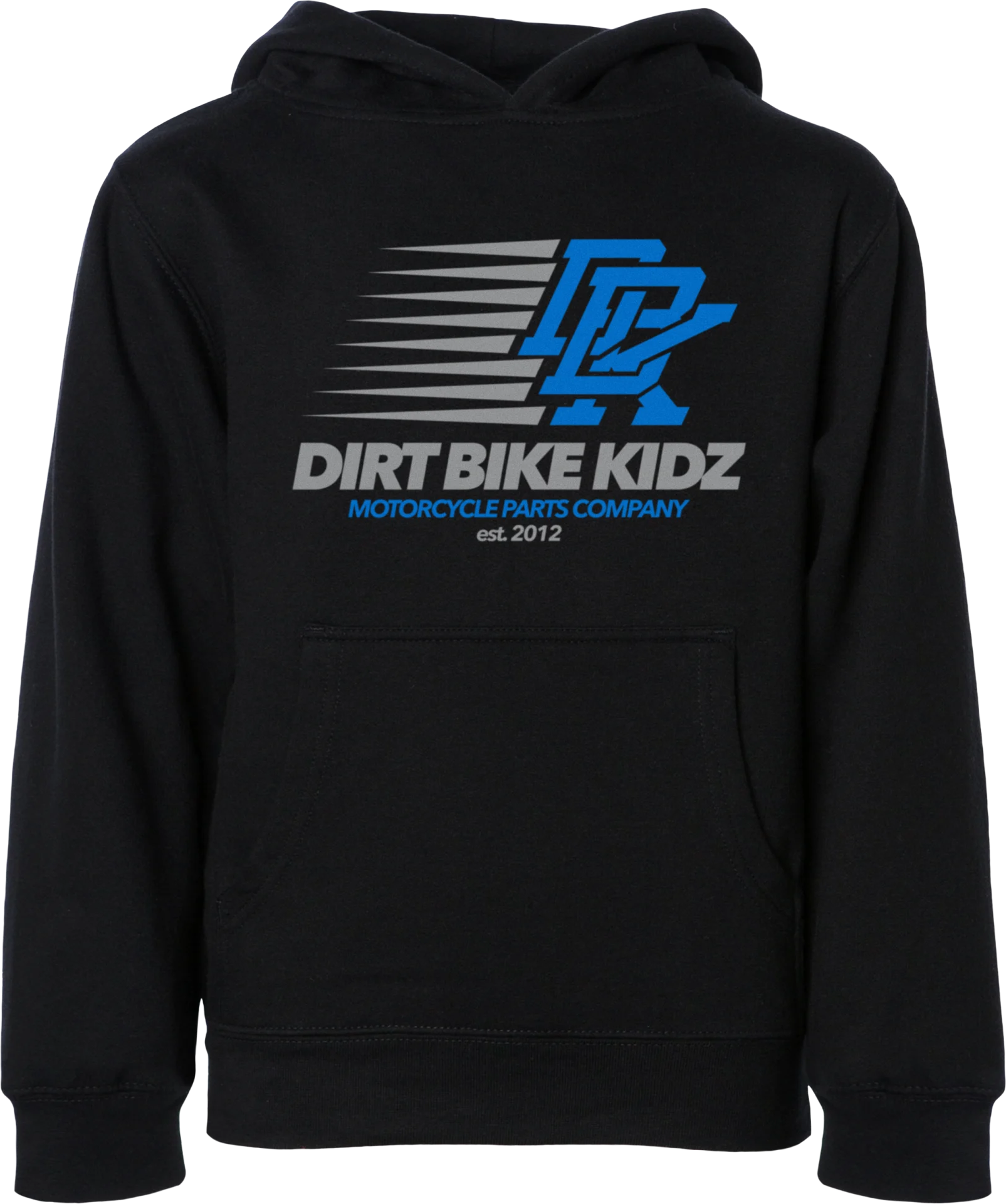 DBK Speed Demon Youth Hoodie in black, front view with a blue and white Dirt Bike Kidz speed-line graphic across the chest