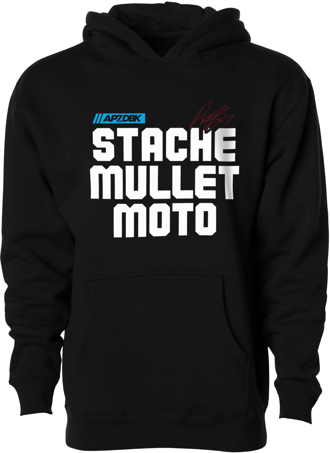 DBK Stache Mullet Moto Youth Hoodie in black, front view with large white Stache Mullet Moto lettering