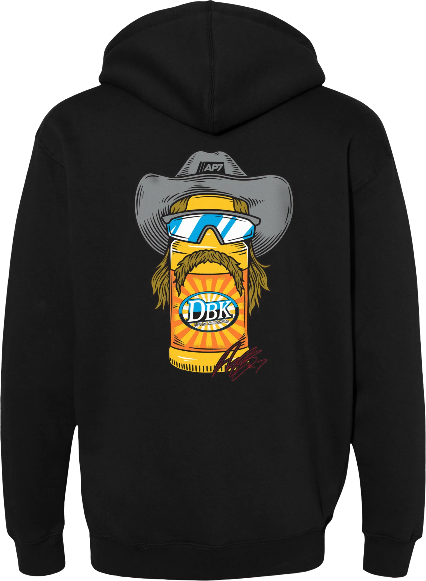 DBK Stache Mullet Moto Youth Hoodie in black, back view with a cartoon character in a hat, sunglasses and mustache