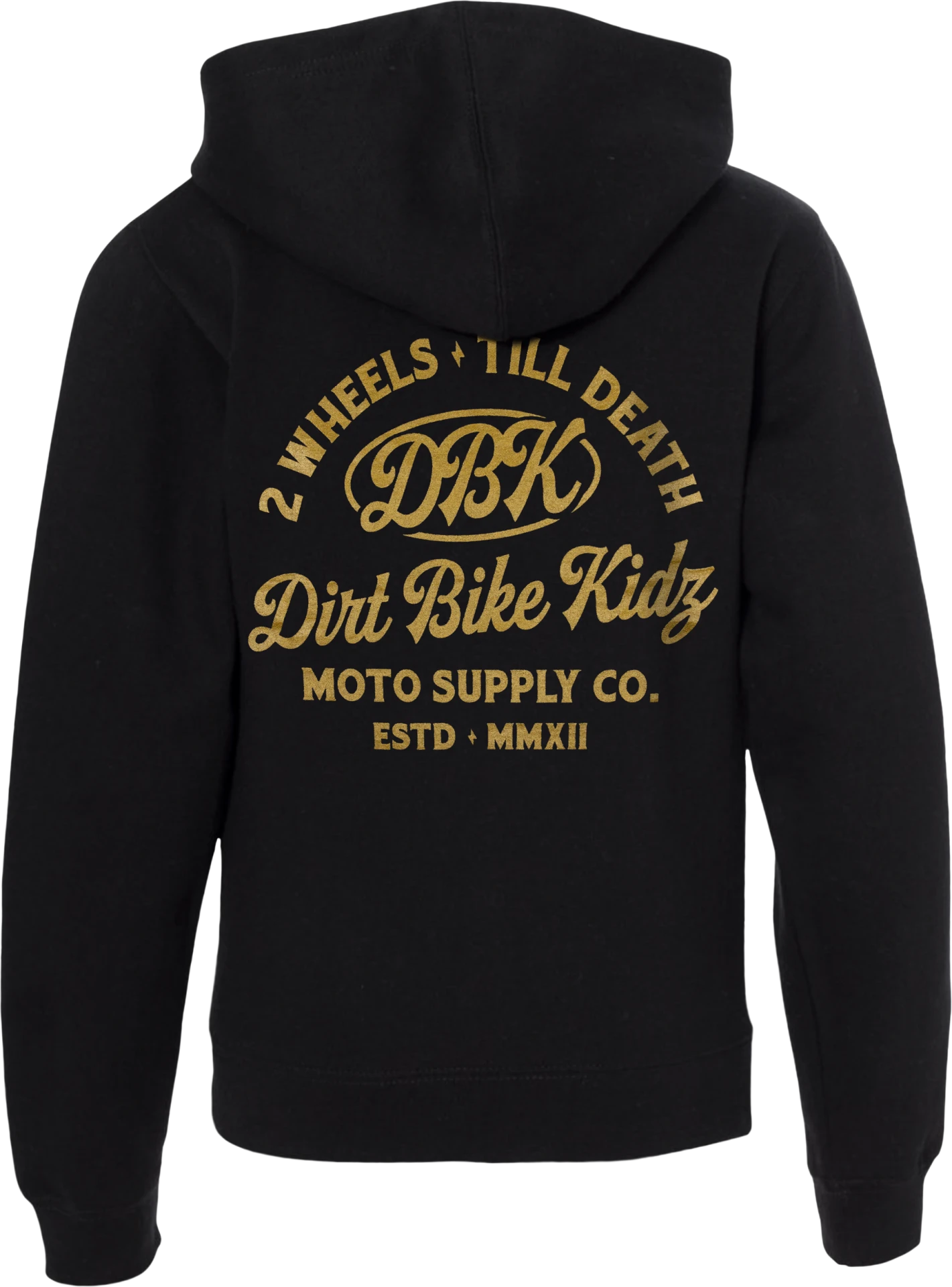 DBK Youth Gold Nugget Hoodie in black, back view with gold Dirt Bike Kidz Moto Supply Co. script graphic