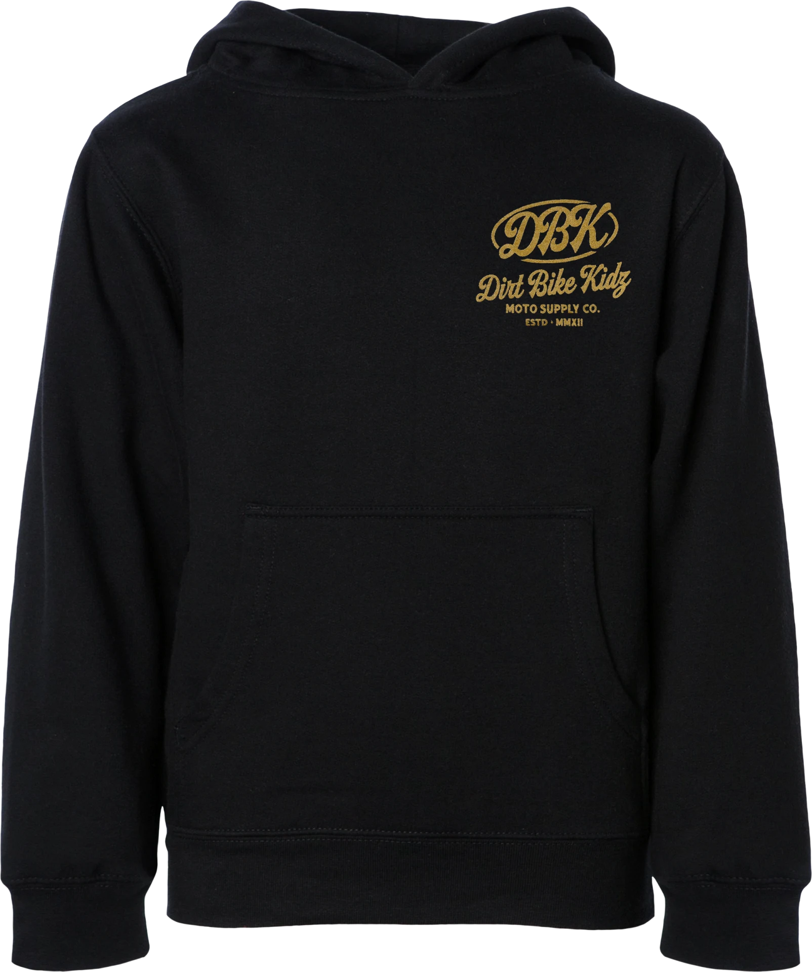 DBK Youth Gold Nugget Hoodie in black, front view with gold DBK chest logo
