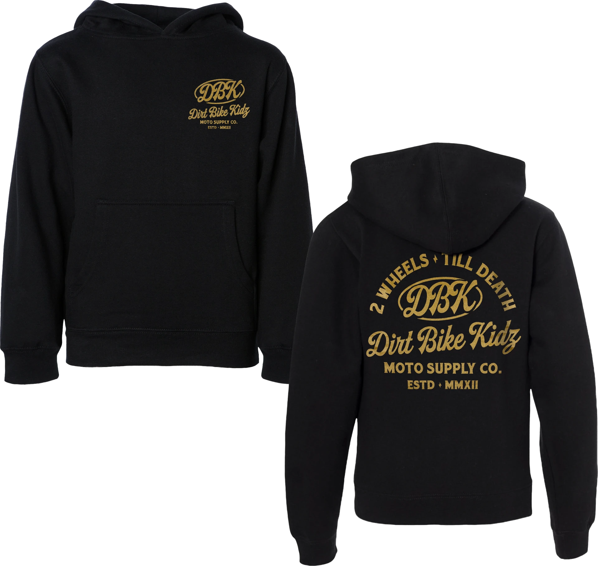 DBK Youth Gold Nugget Hoodie in black, front and back views side by side